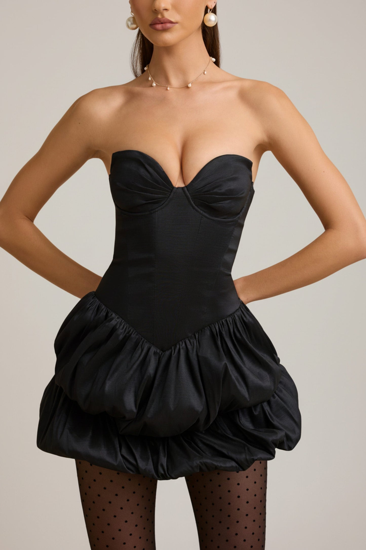 Satin Bubble Hem Corset Mini Dress in Black