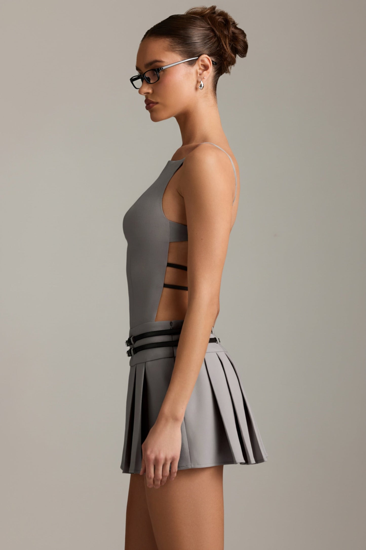 Belted Backless Pleated Mini Dress in Grey