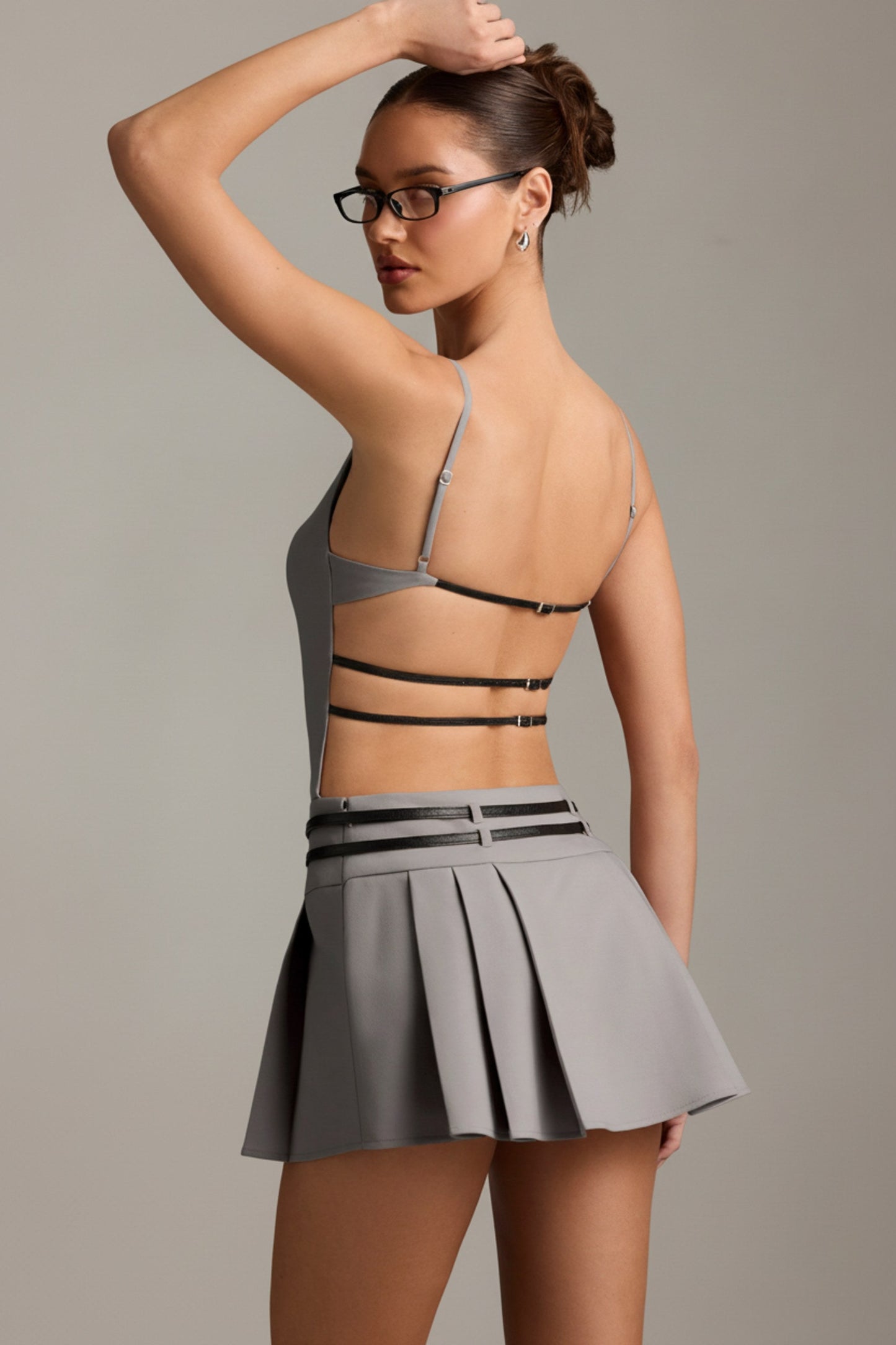 Belted Backless Pleated Mini Dress in Grey