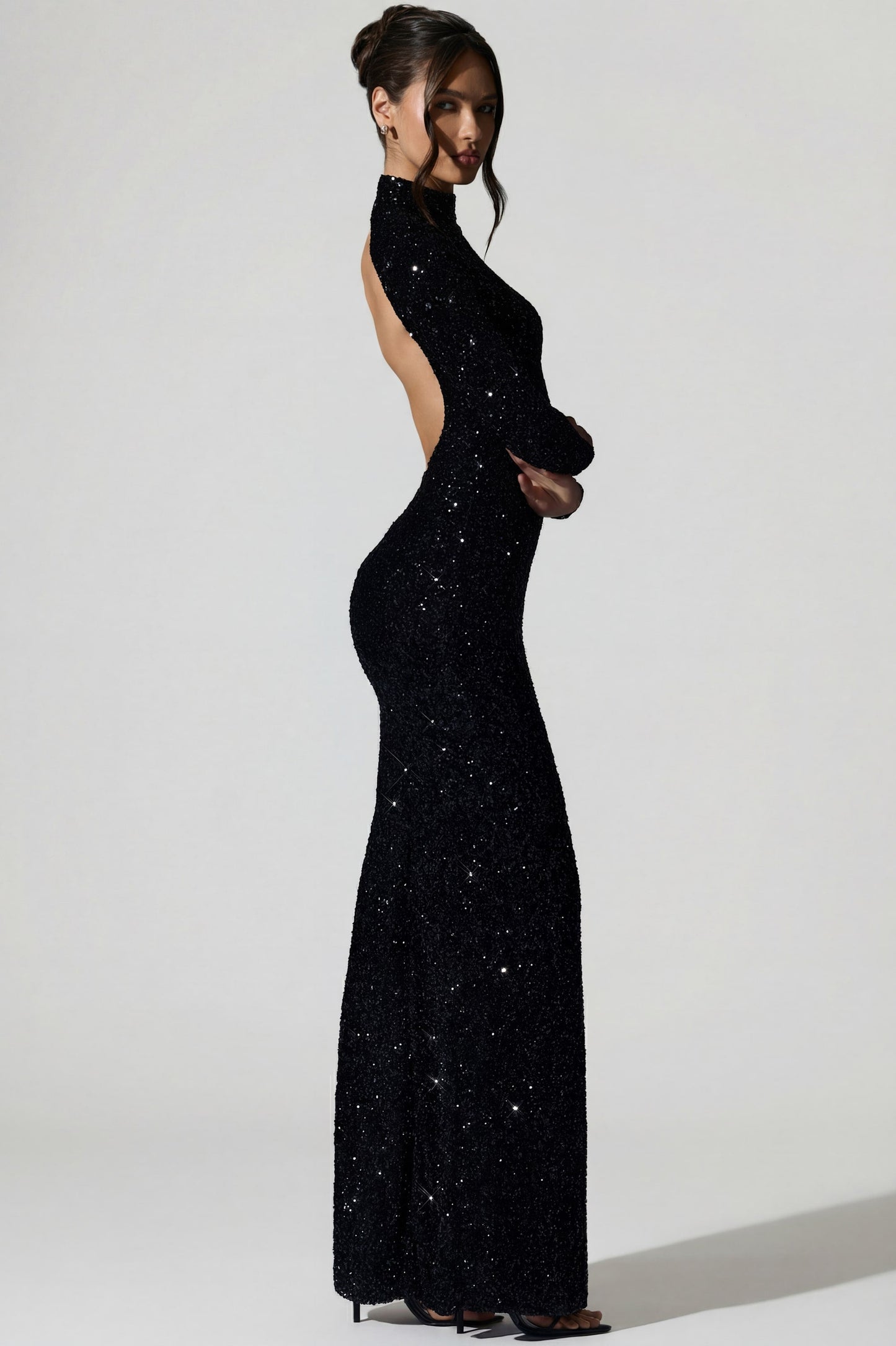 Embellished Open-Back Gown in Black