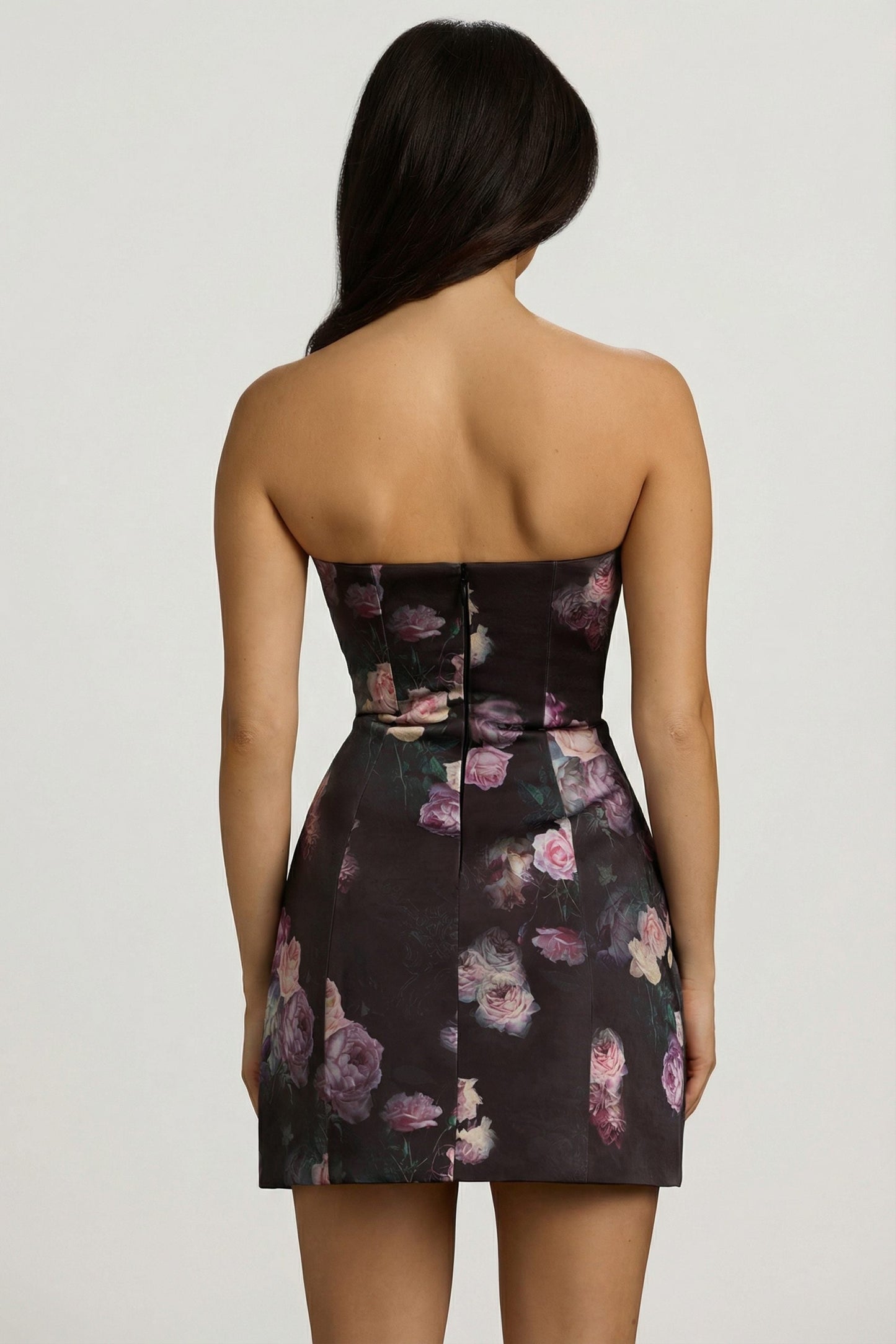 Strapless Structured Tulip Mini Dress in Black Floral Print
