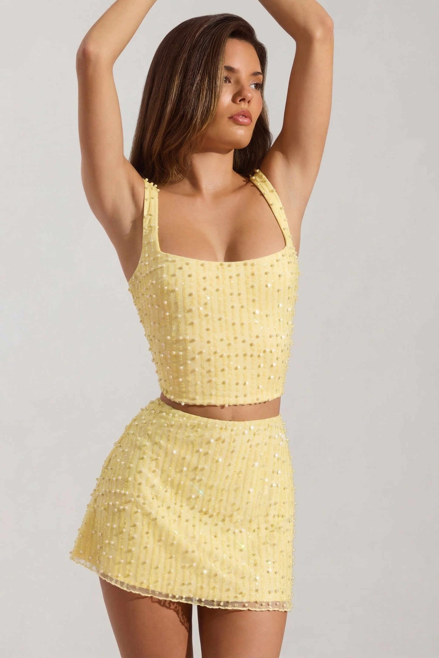 Embellished Square-Neck Crop Top in Yellow