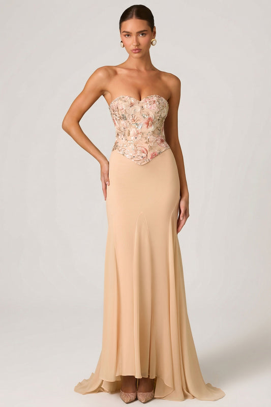 Embellished Corset Fishtail Gown in Floral Beige