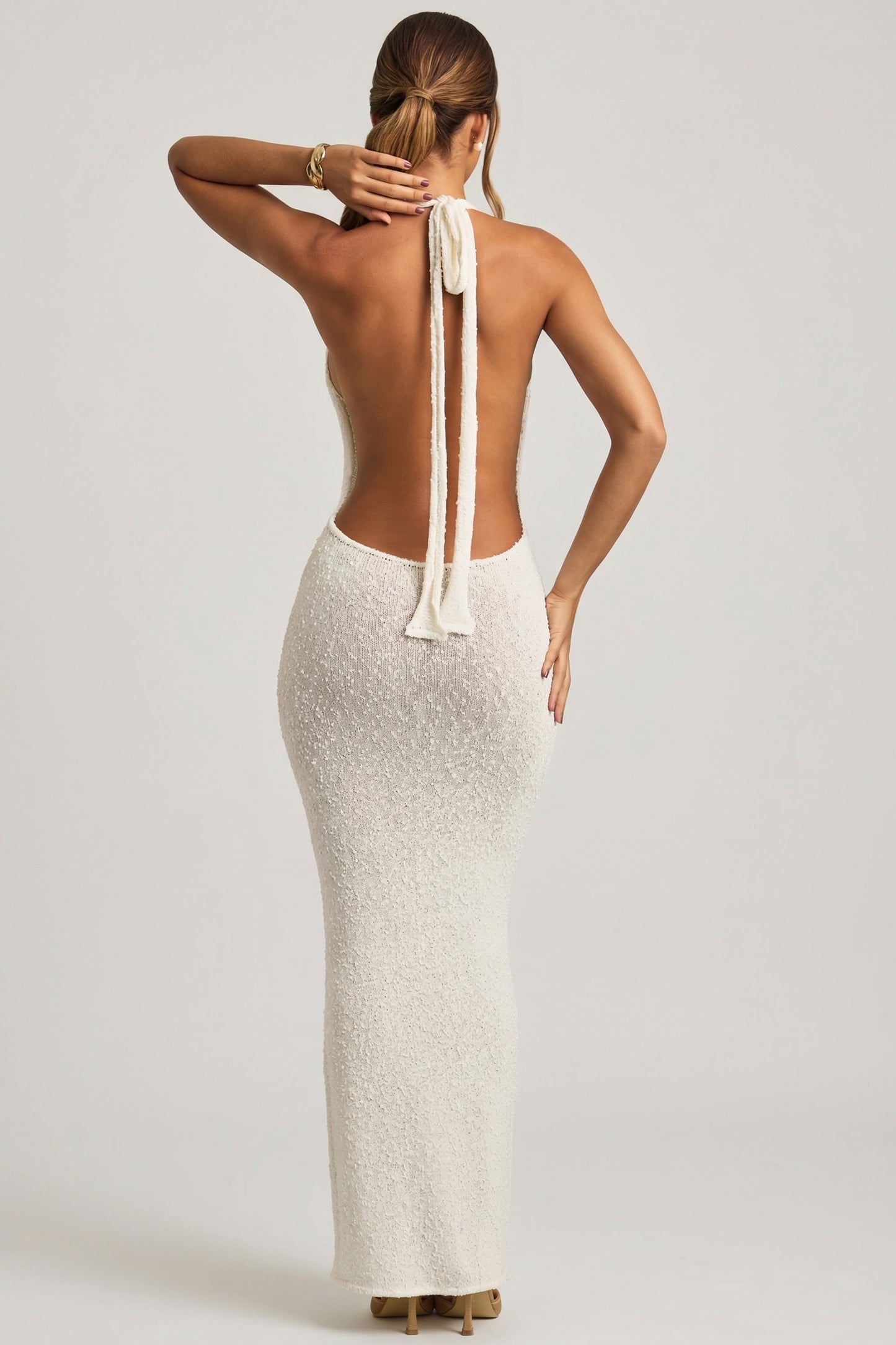 Bouclé Halterneck Maxi Dress in White