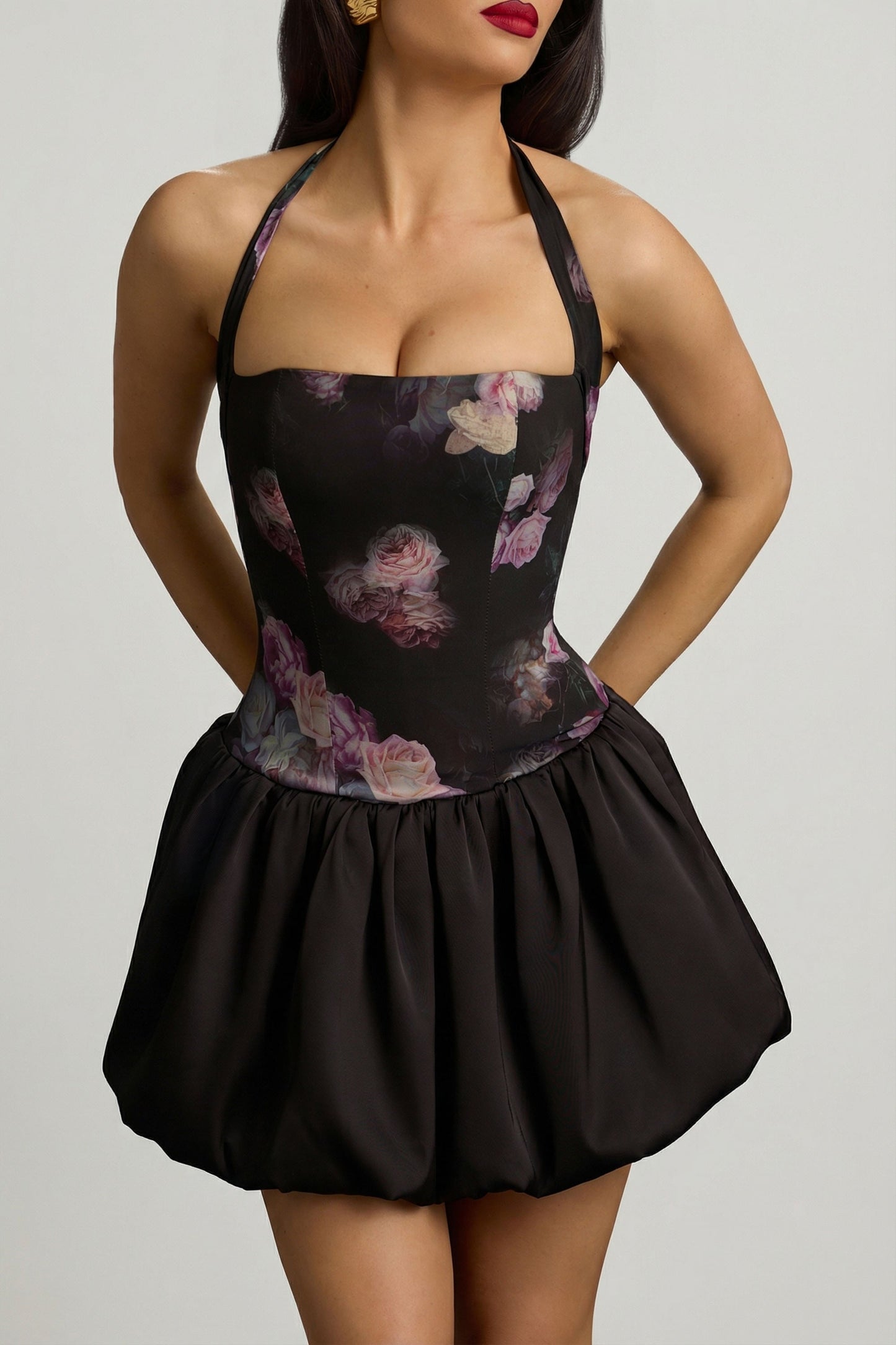 Halterneck Lace-Up Bubble Hem Mini Dress in Black Floral Print