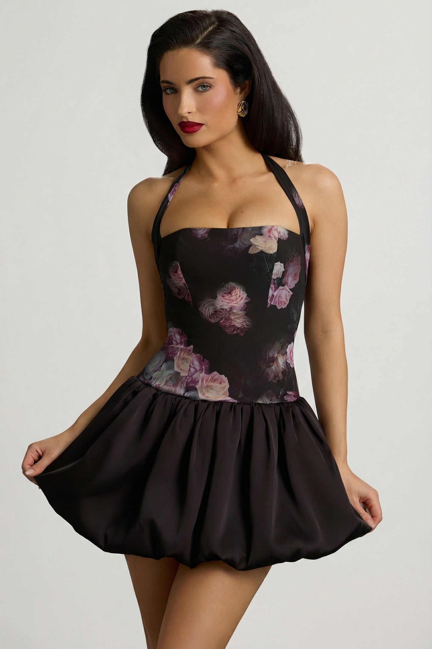 Halterneck Lace-Up Bubble Hem Mini Dress in Black Floral Print
