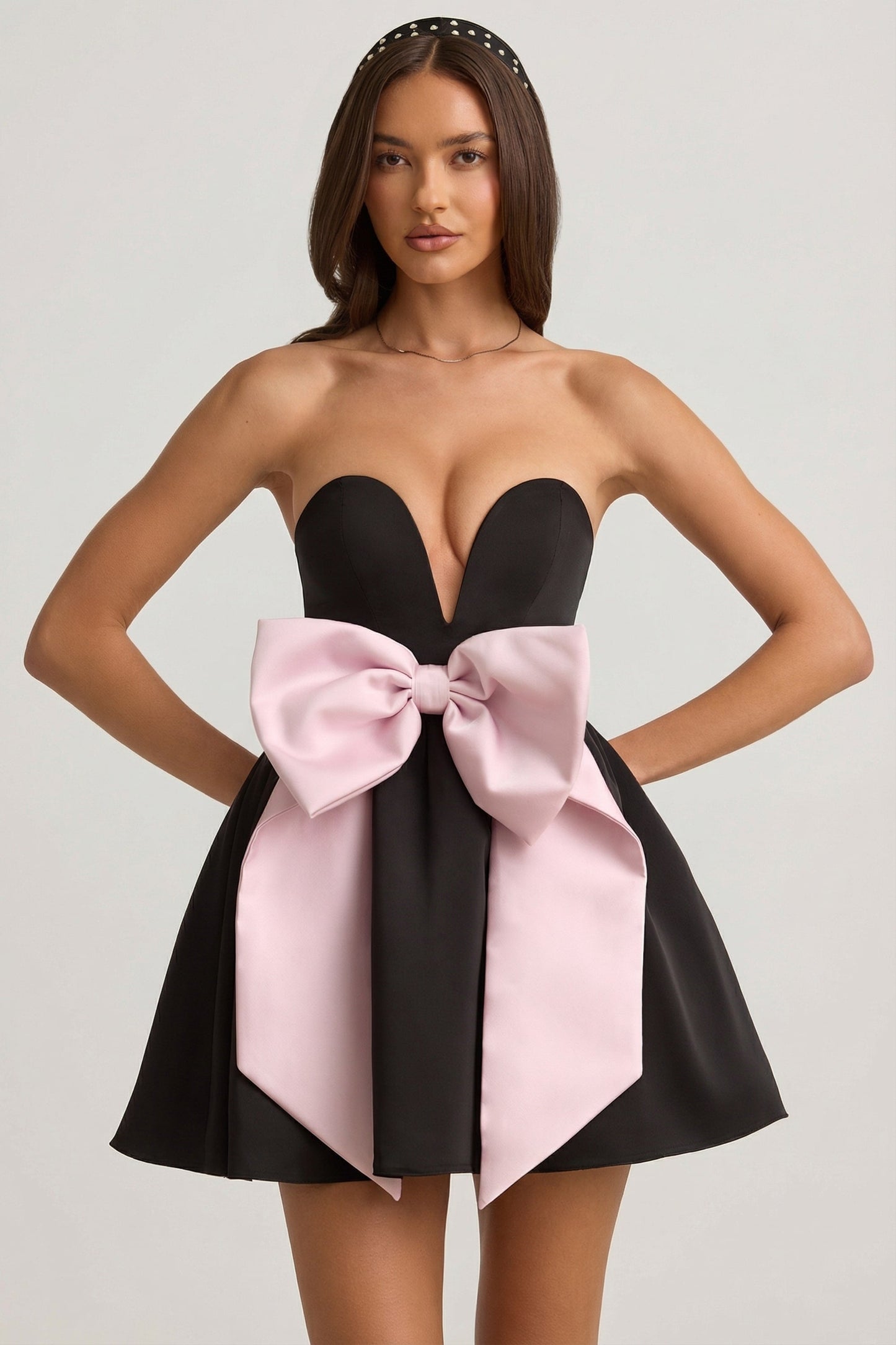 Bow-Detail Corset Mini Dress in Black