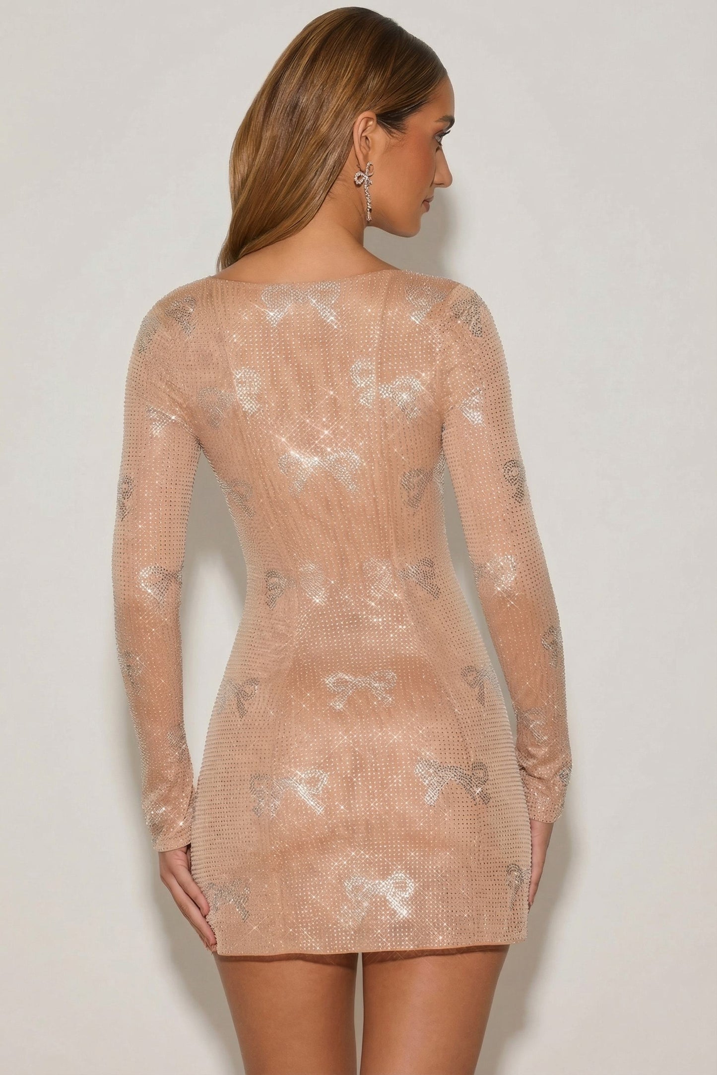 Embellished Sweetheart A-Line Mini Dress in Almond