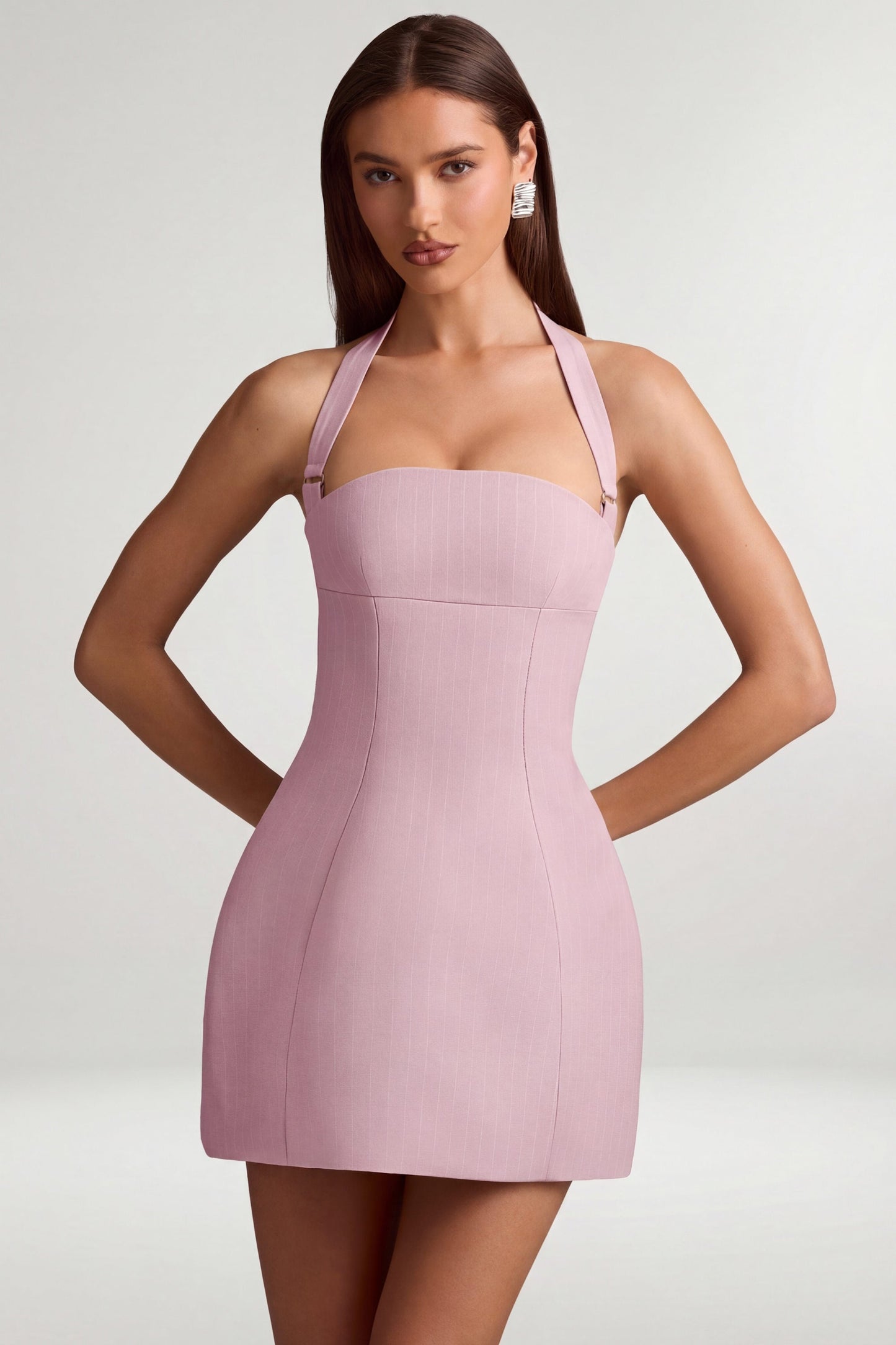 Pinstripe Halterneck Structured A-Line Mini Dress in Mauve