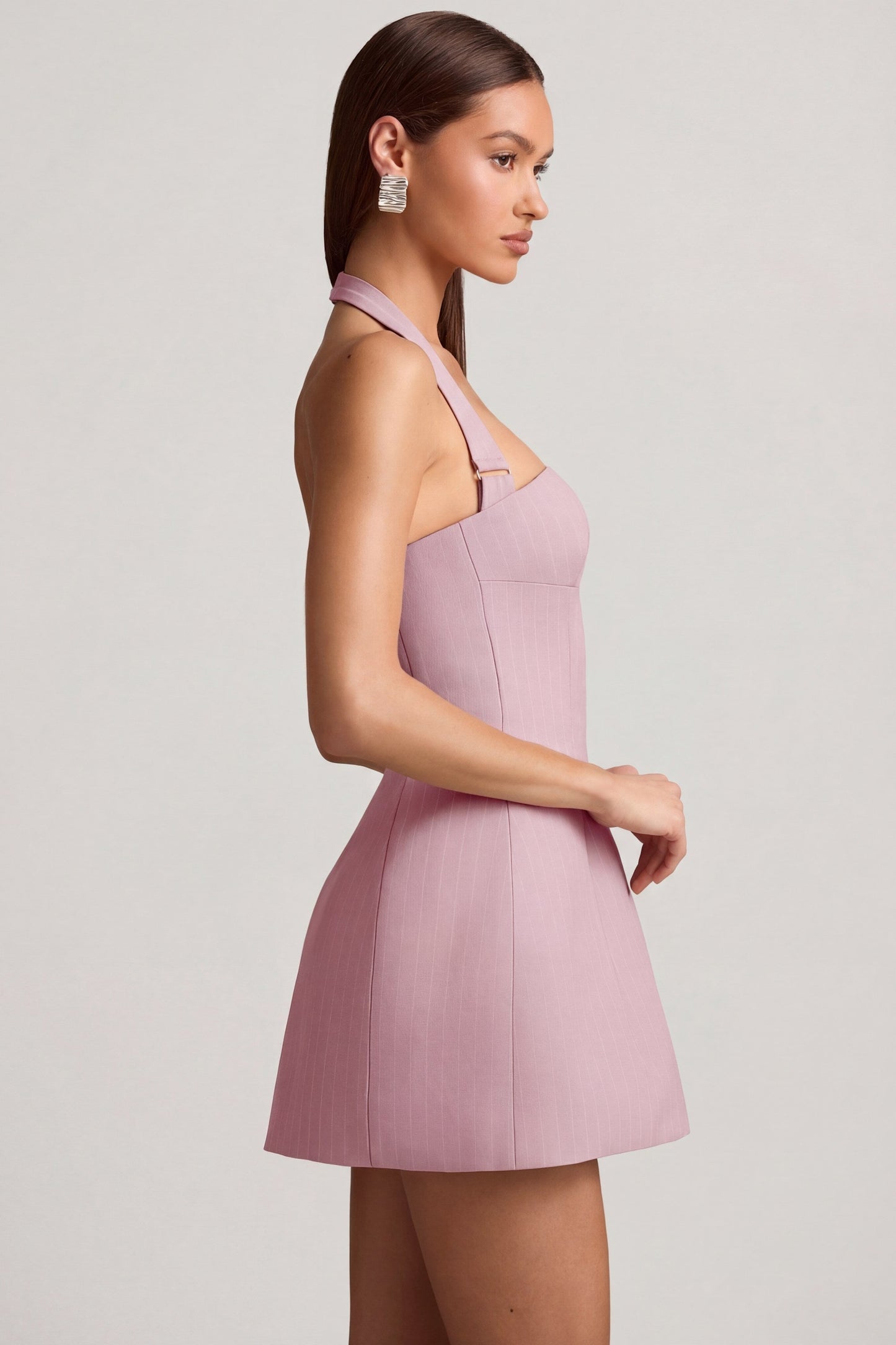 Pinstripe Halterneck Structured A-Line Mini Dress in Mauve