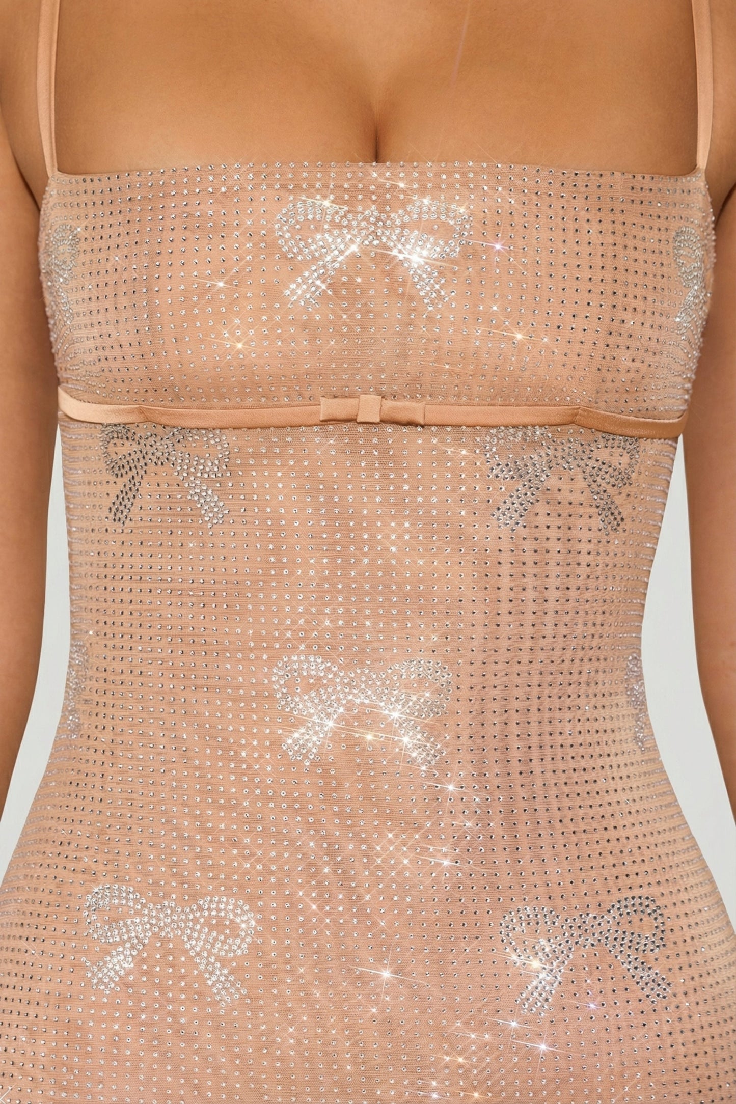 Embellished Bow-Detail Mini Dress in Almond