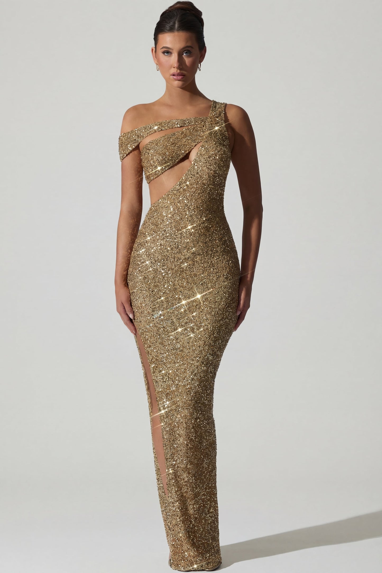 Embellished Asymmetric Cut-Out Gown in Gold