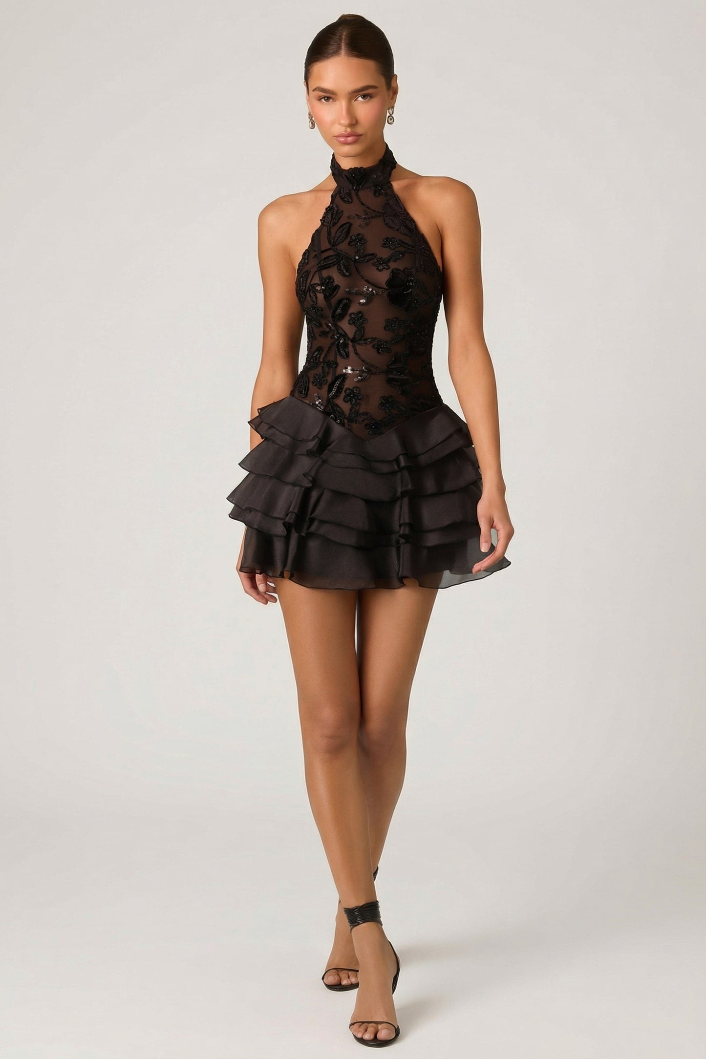 Embellished Ruffled Halterneck Mini Dress in Black