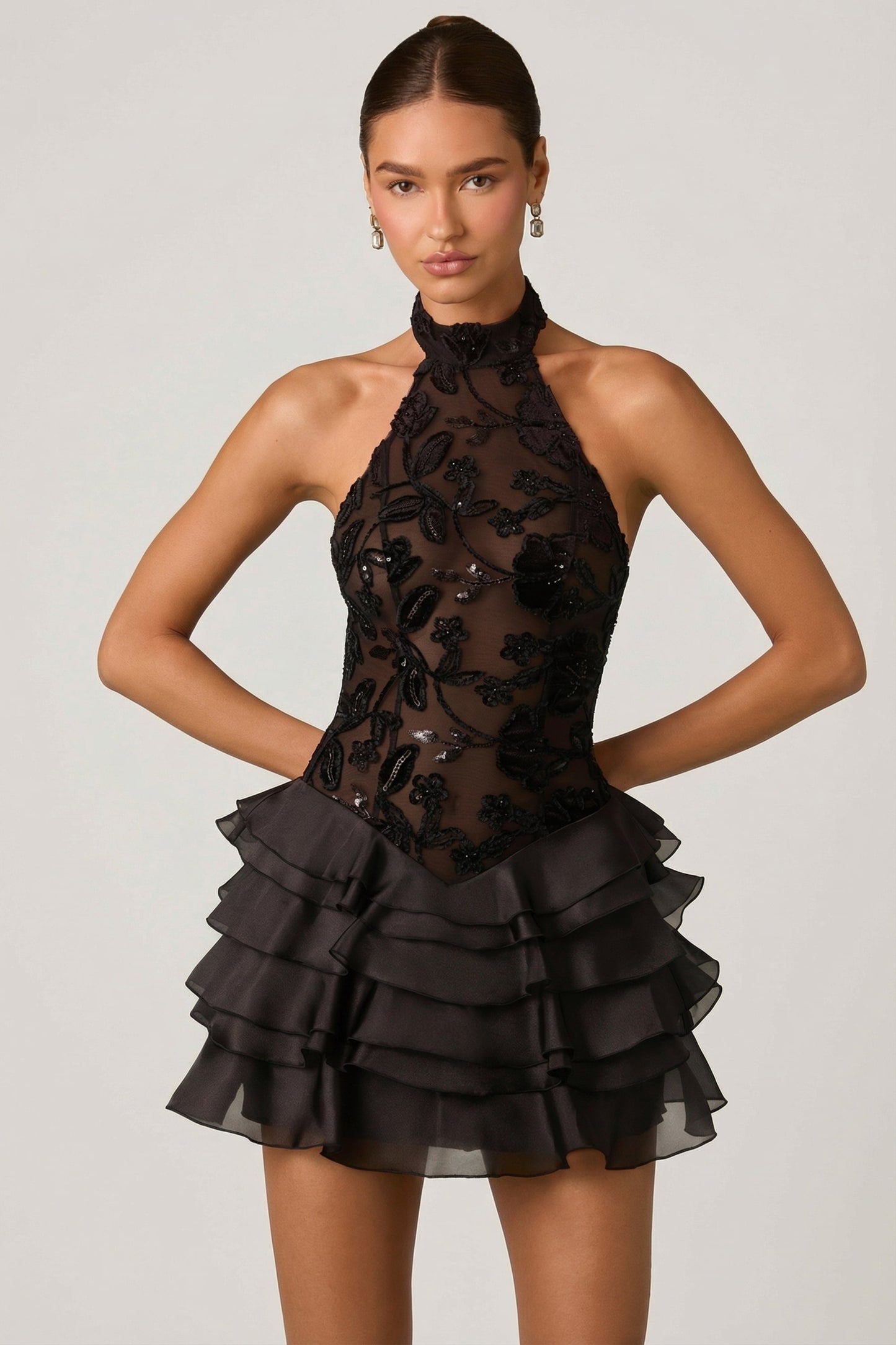 Embellished Ruffled Halterneck Mini Dress in Black