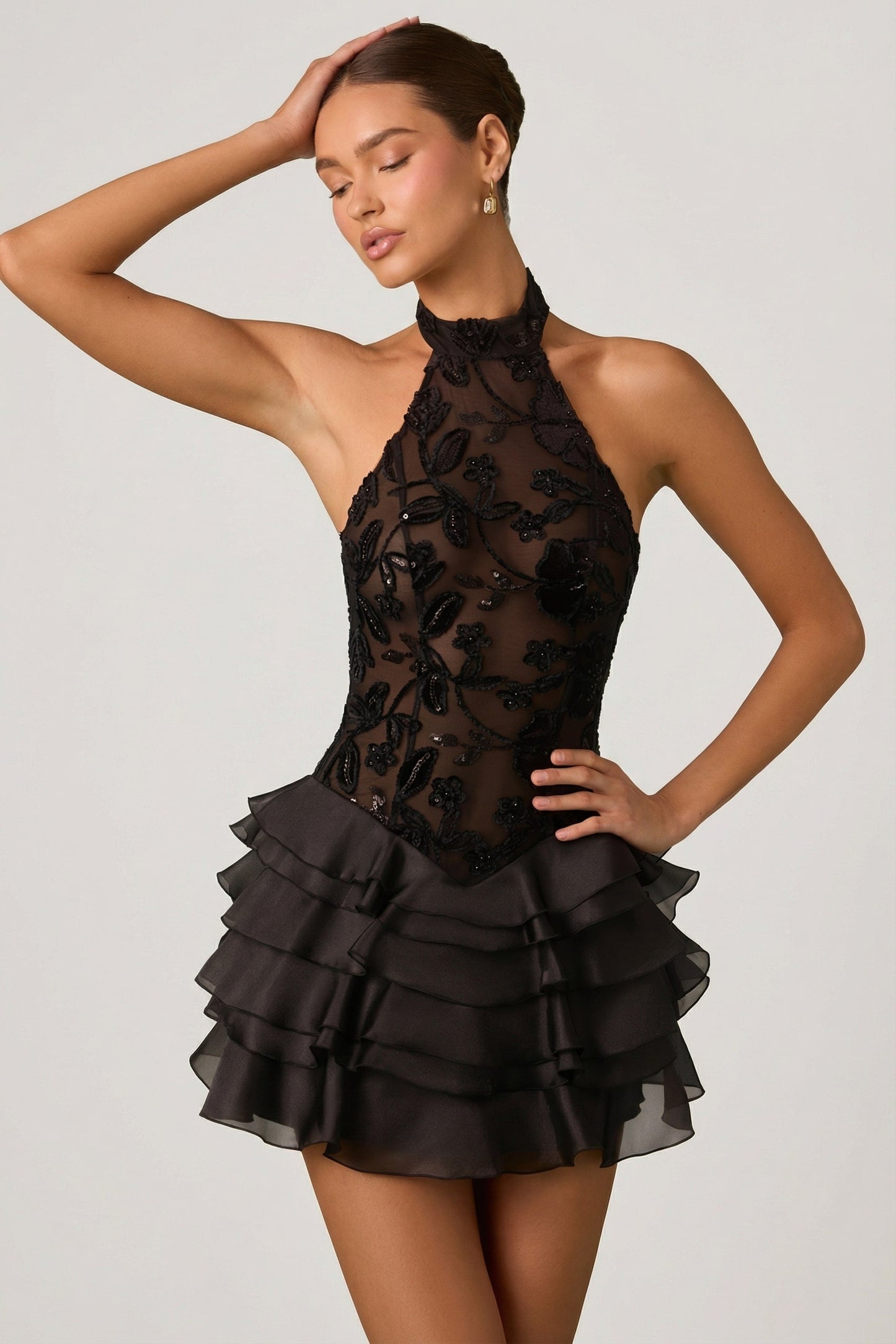 Embellished Ruffled Halterneck Mini Dress in Black
