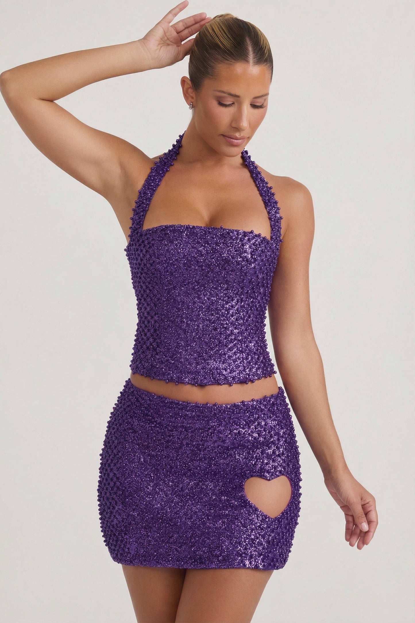 Embellished Heart-Detail A-Line Micro Mini Skirt in Purple