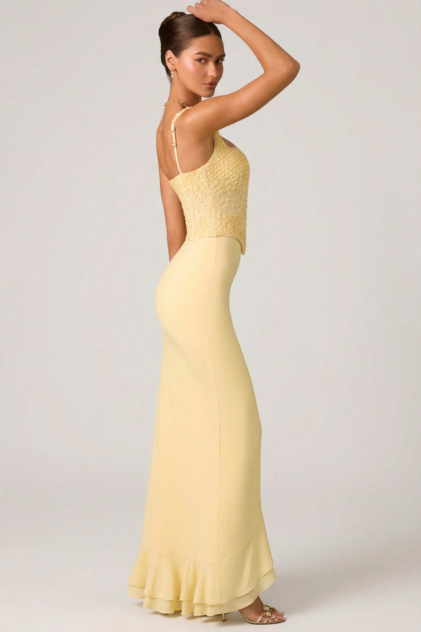 Embellished Ruffle-Trim Corset Gown in Yellow