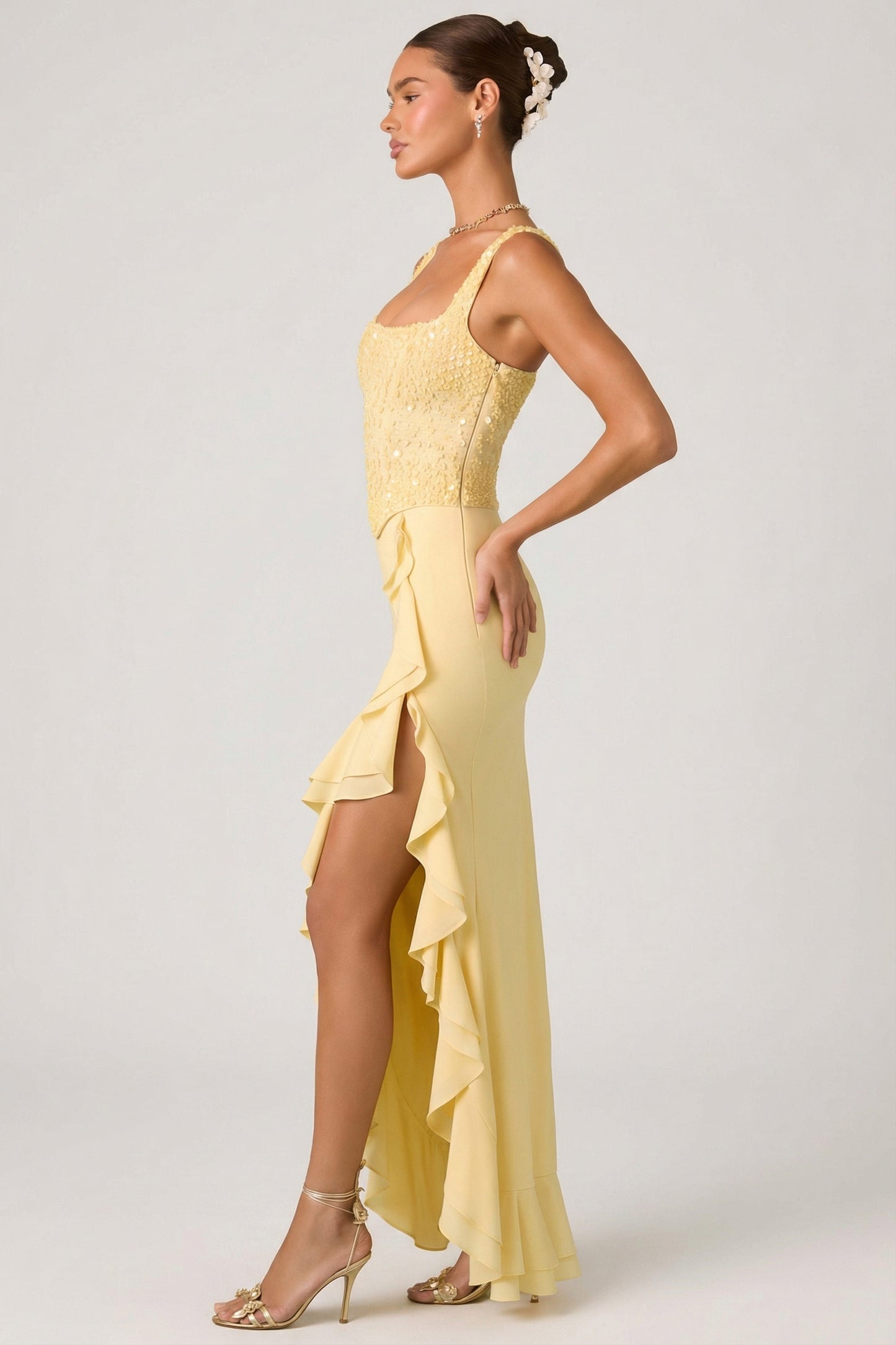 Embellished Ruffle-Trim Corset Gown in Yellow