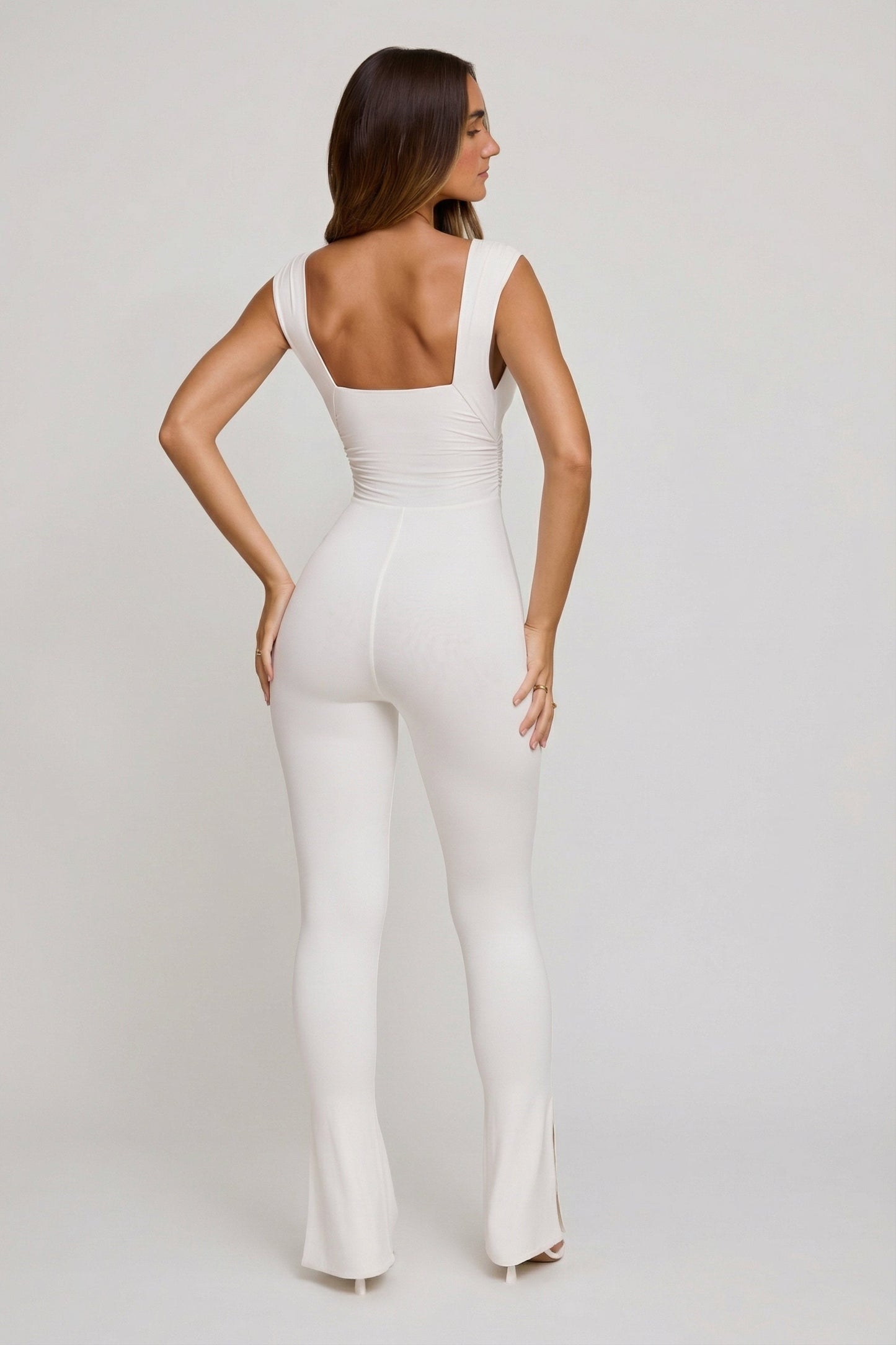 Plunge Neck Ruched Waist Jumpsuit in White