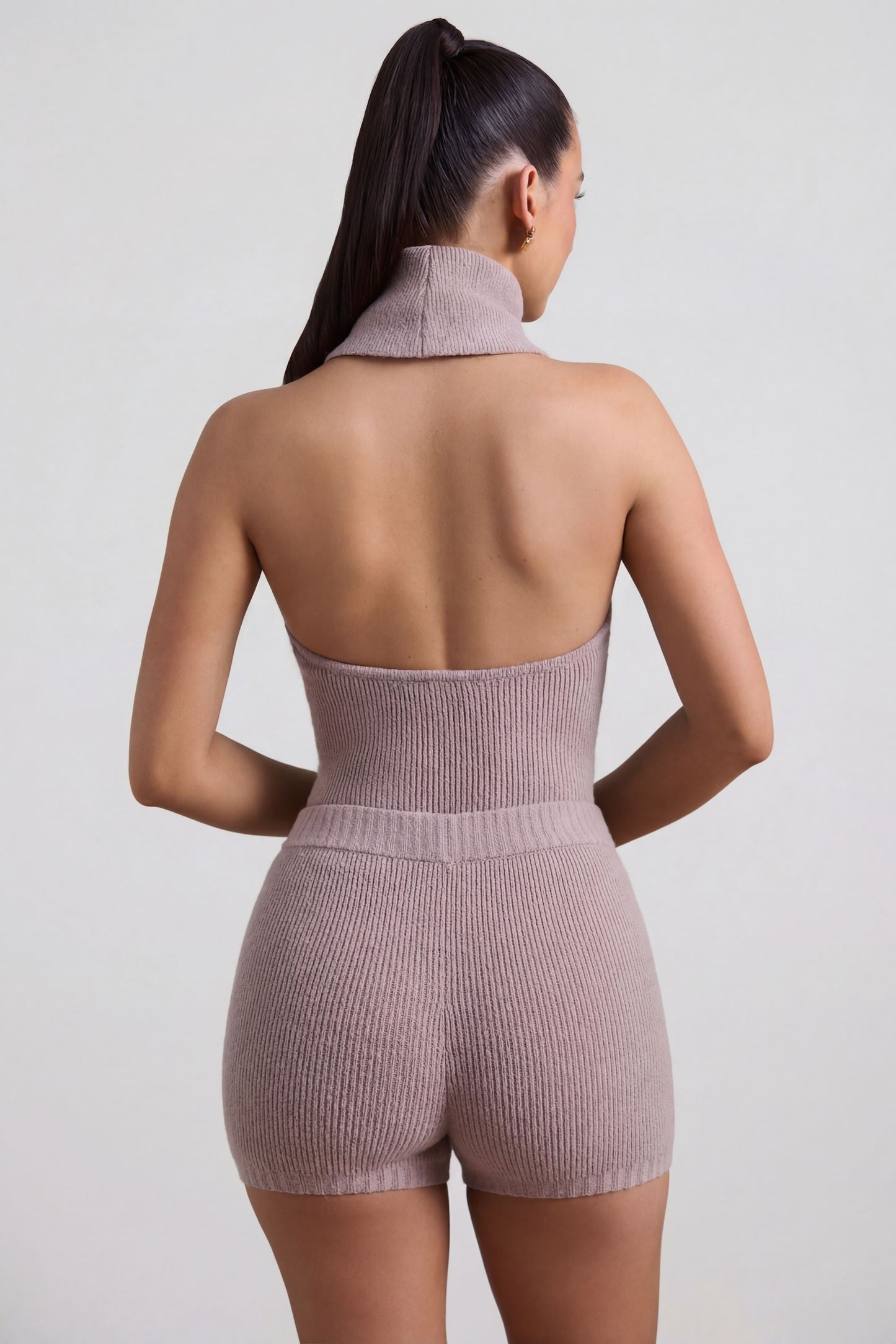Ribbed-Knit Turtleneck Backless Top in Taupe