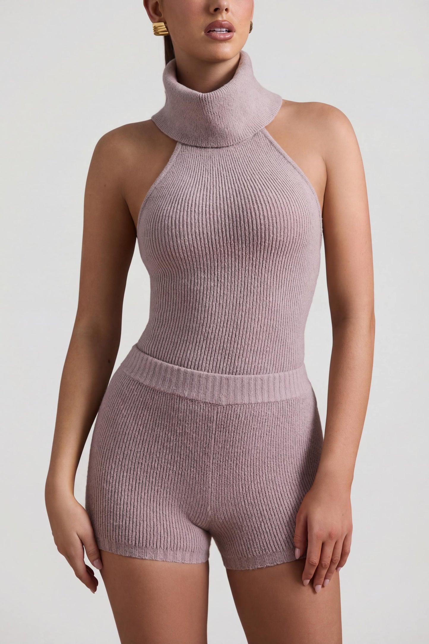 Ribbed-Knit Turtleneck Backless Top in Taupe