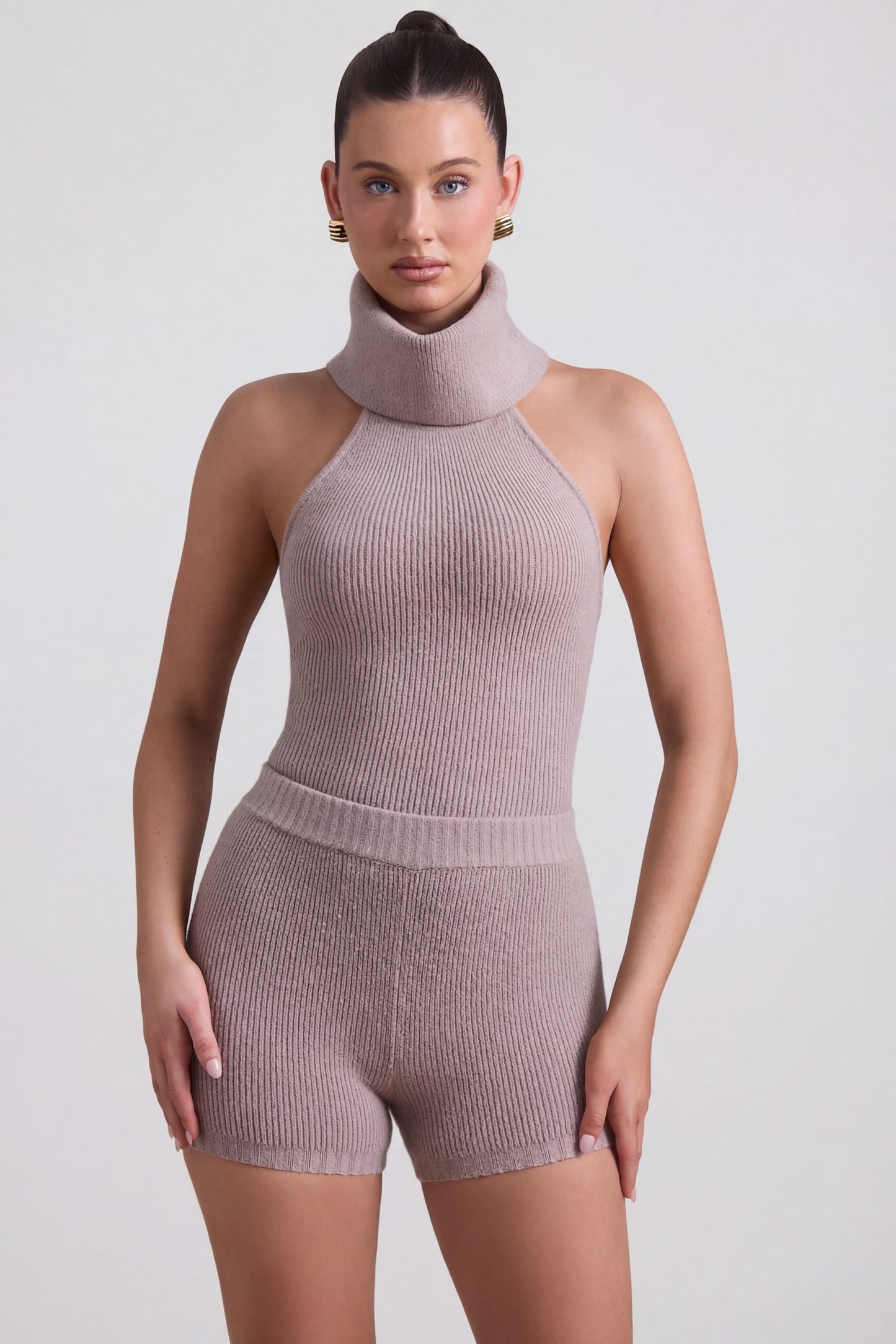 Ribbed-Knit Turtleneck Backless Top in Taupe