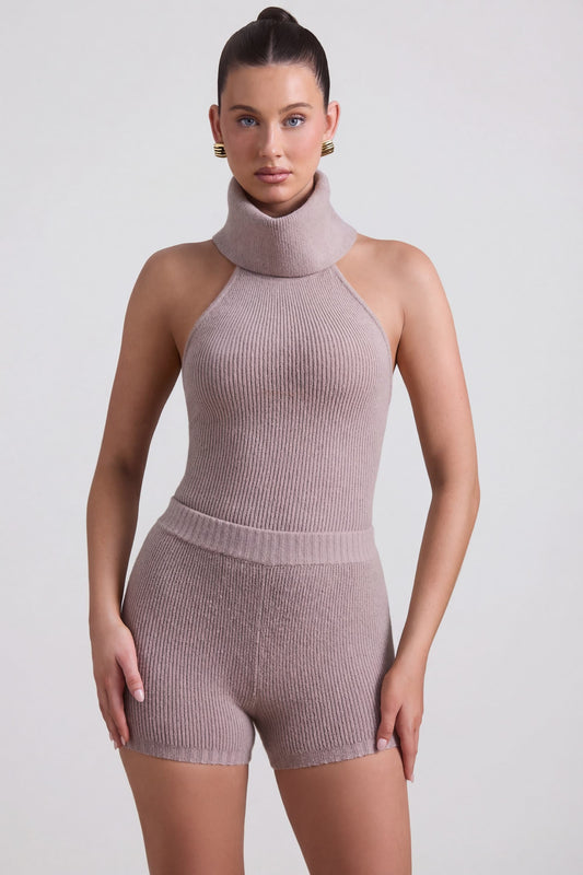 Ribbed-Knit Turtleneck Backless Top in Taupe