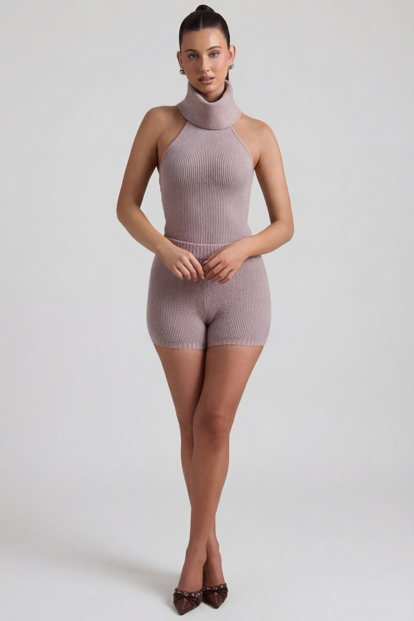 Ribbed-Knit Turtleneck Backless Top in Taupe