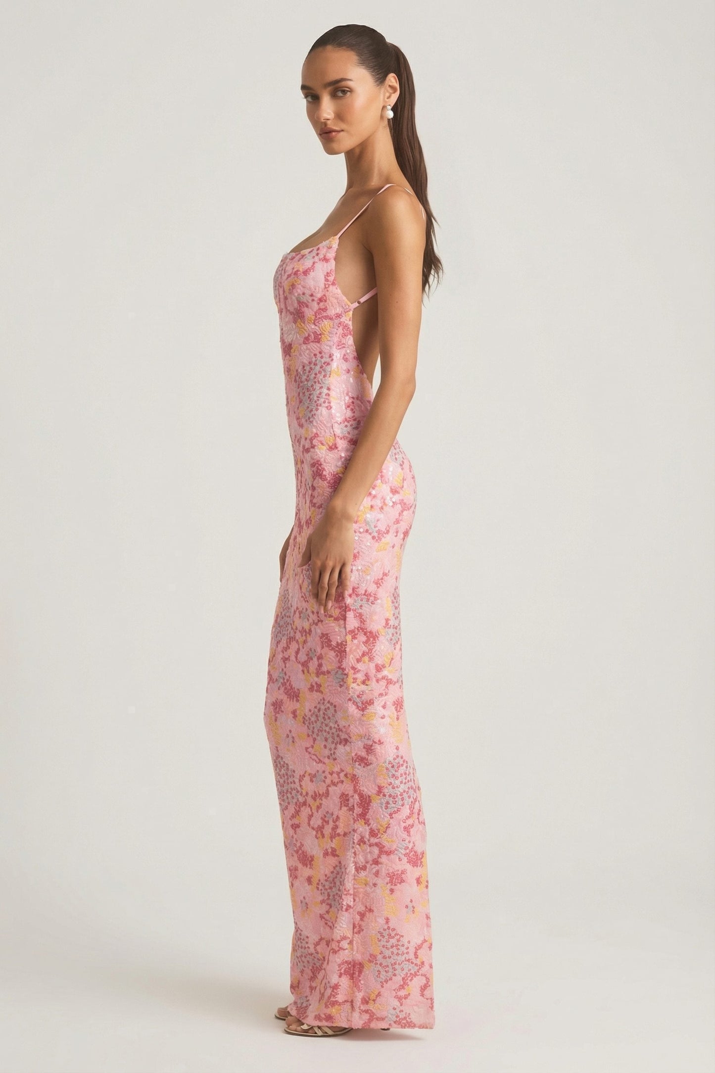 Embellished Scoop-Neck Backless Maxi Dress in Pink