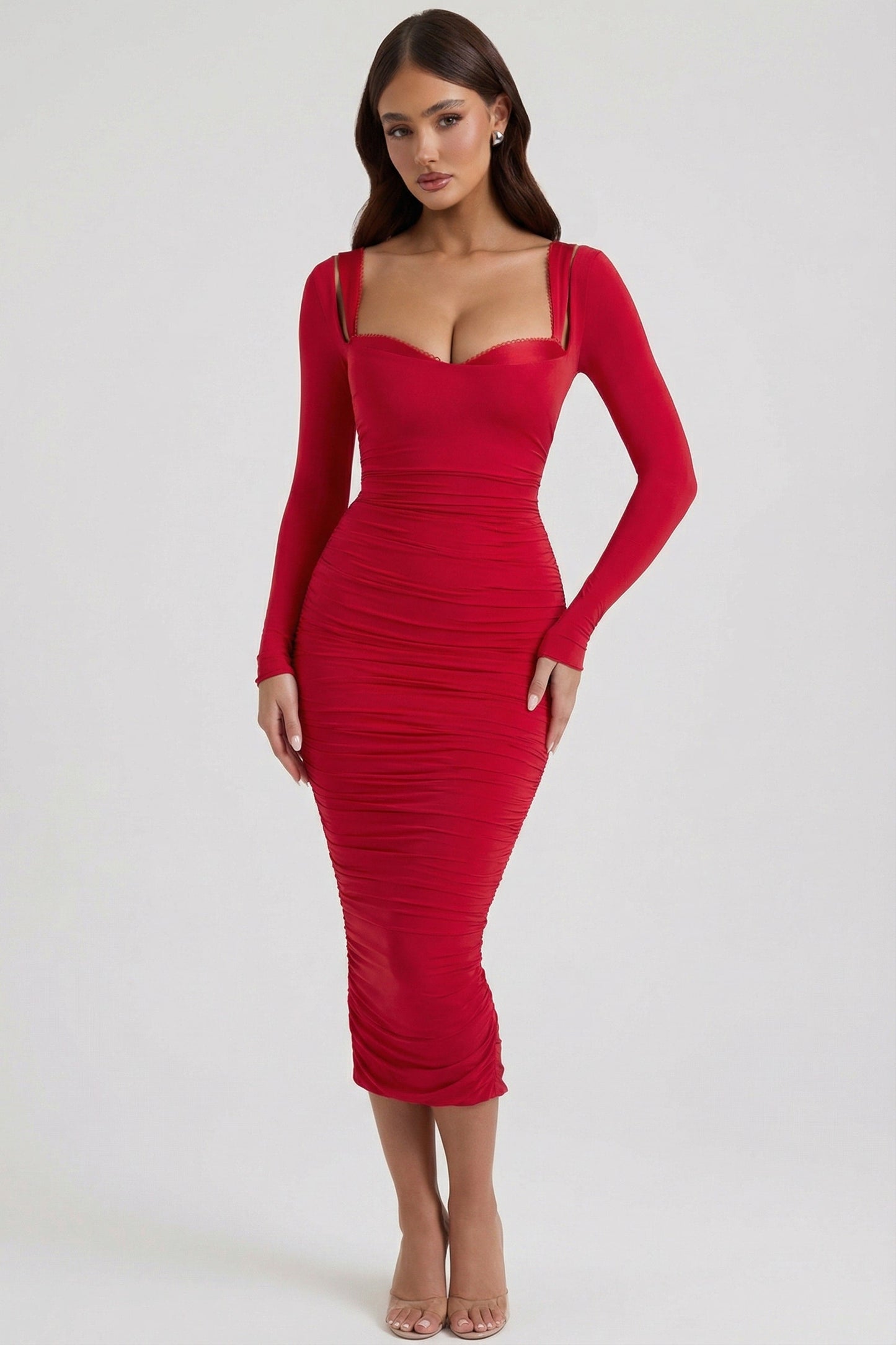Layered Bra-Detail Ruched Midaxi Dress in Red