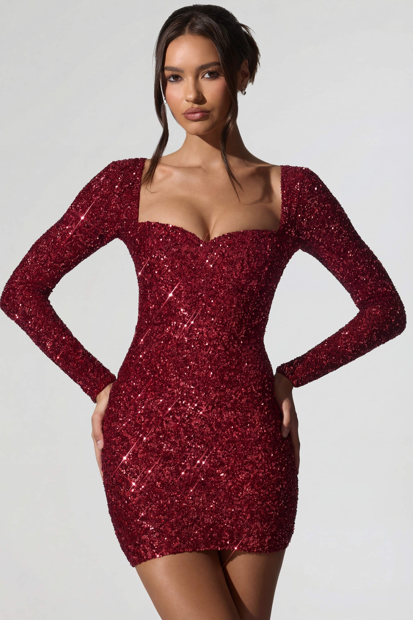 Embellished Sweetheart-Neck Mini Dress in Red