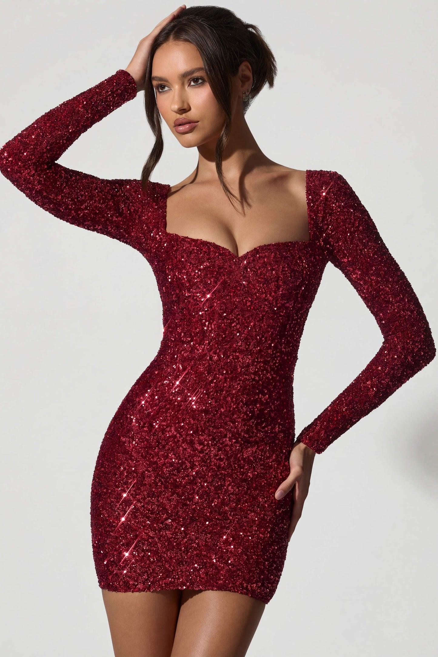 Embellished Sweetheart-Neck Mini Dress in Red