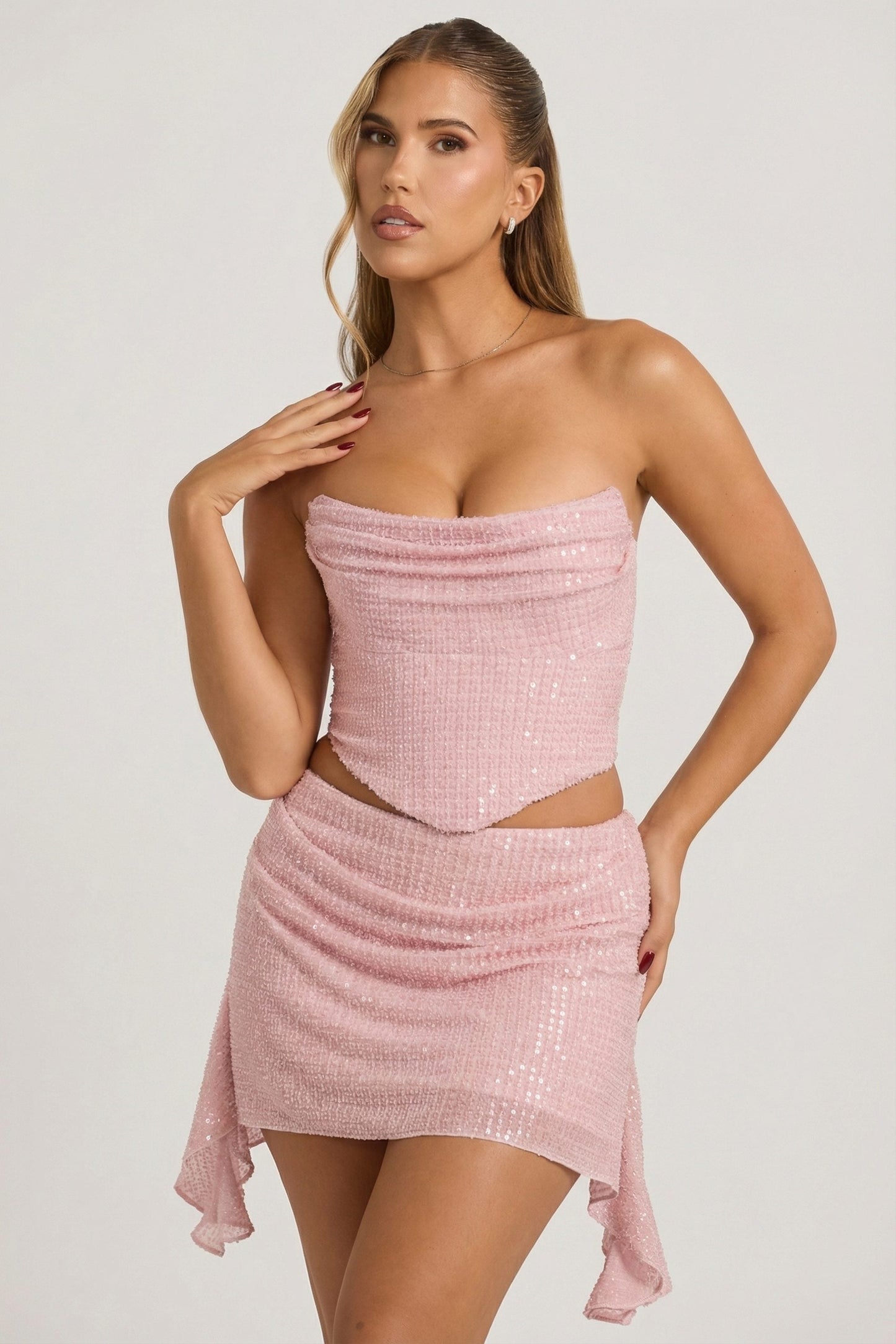 Embellished Draped Mid-Rise Mini Skirt in Lavender Pink