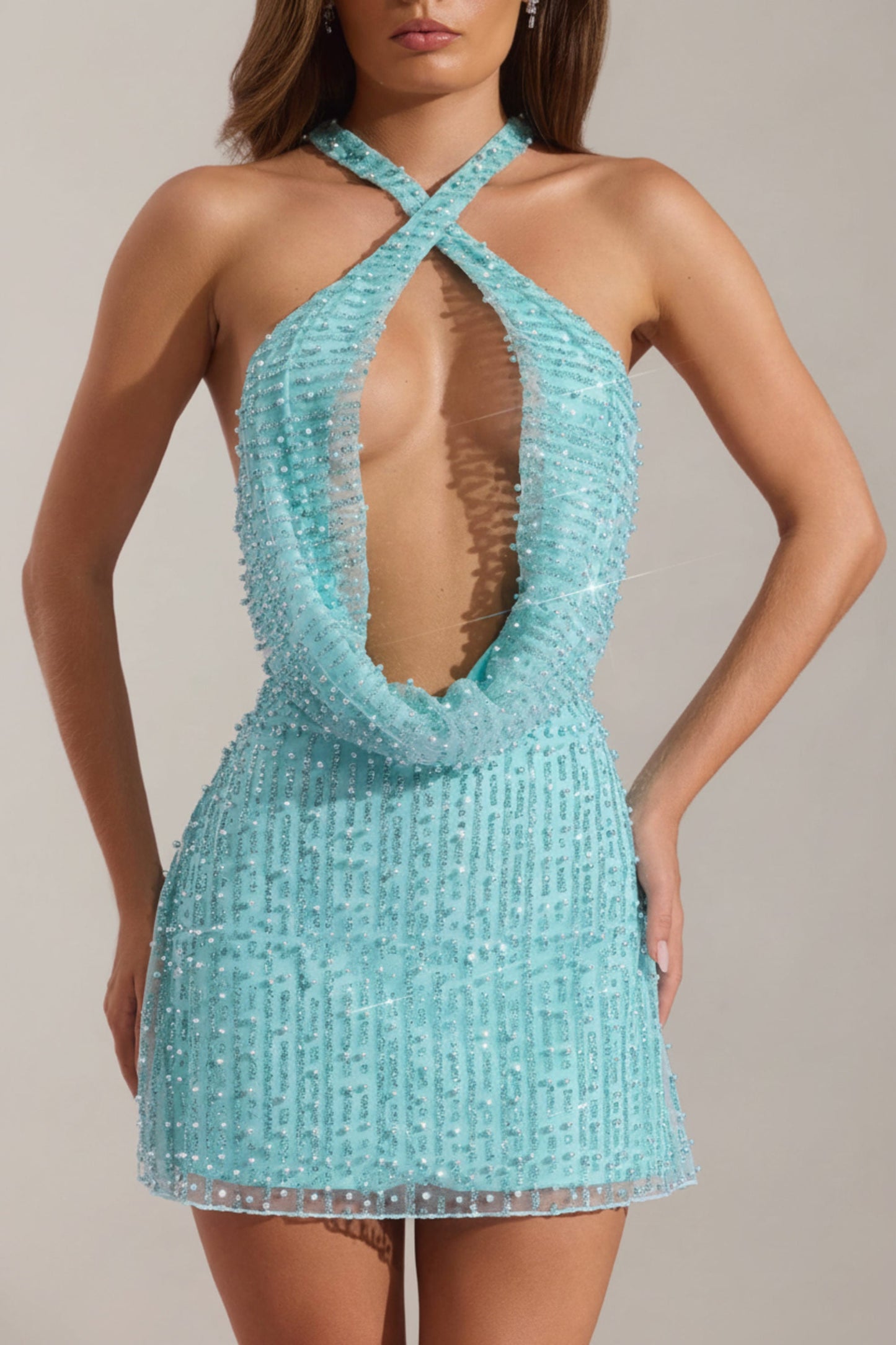 Embellished Cowl-Neck Backless Mini Dress in Aqua Blue