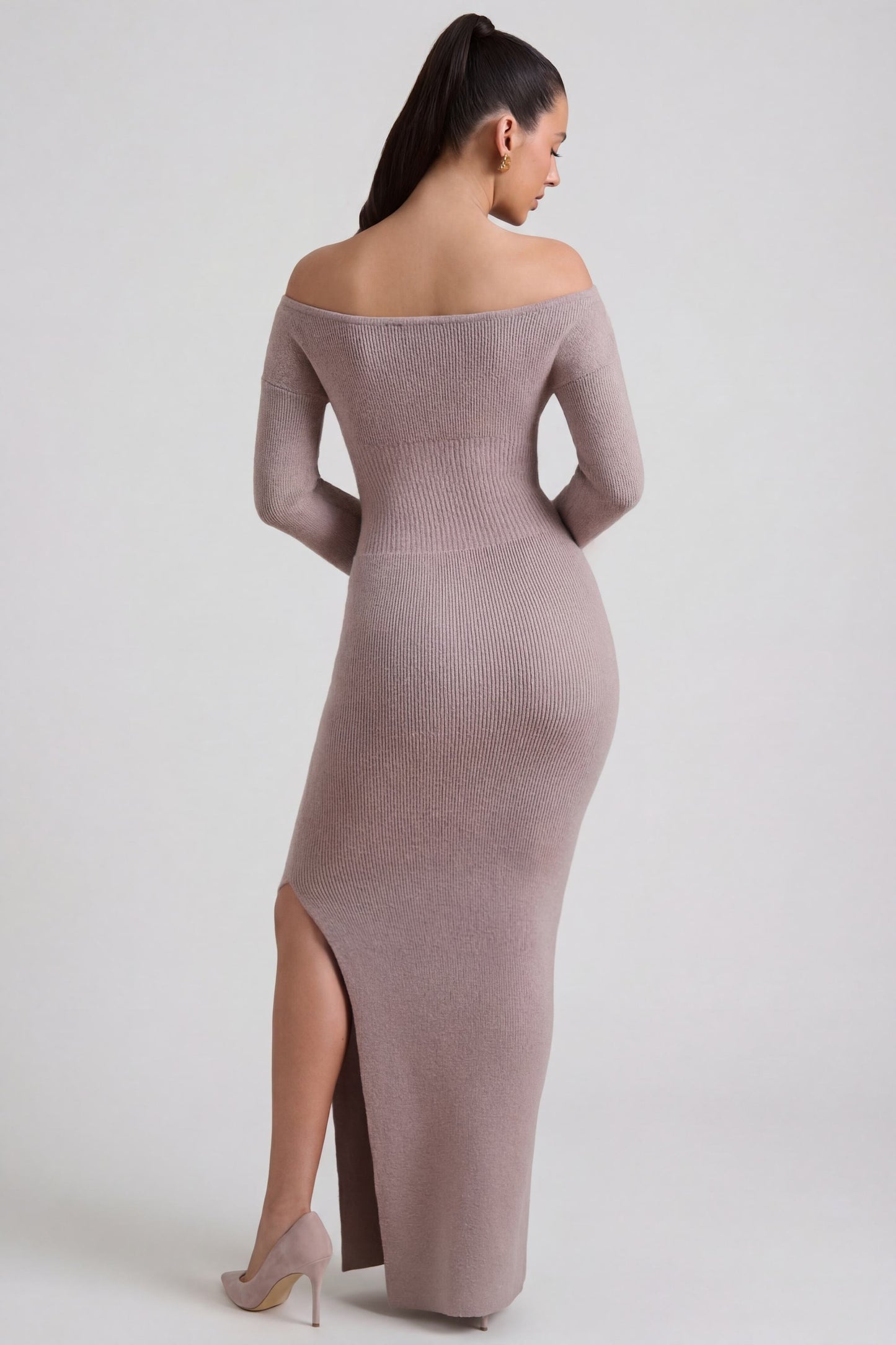 Ribbed-Knit Off-Shoulder Maxi Dress in Taupe