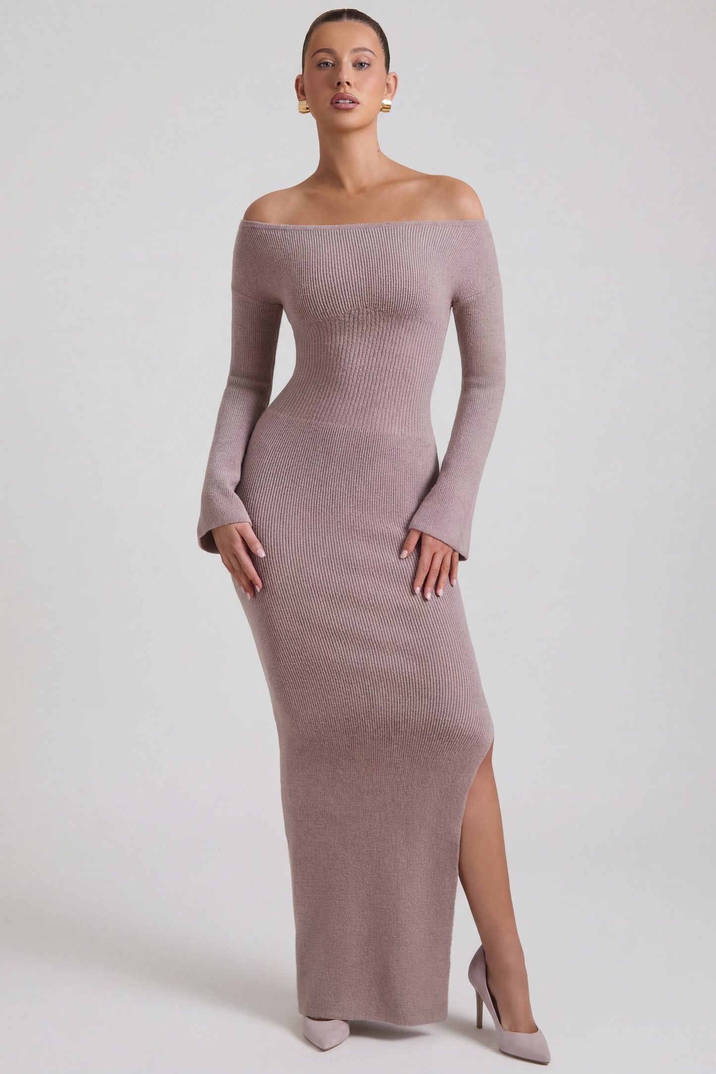 Ribbed-Knit Off-Shoulder Maxi Dress in Taupe