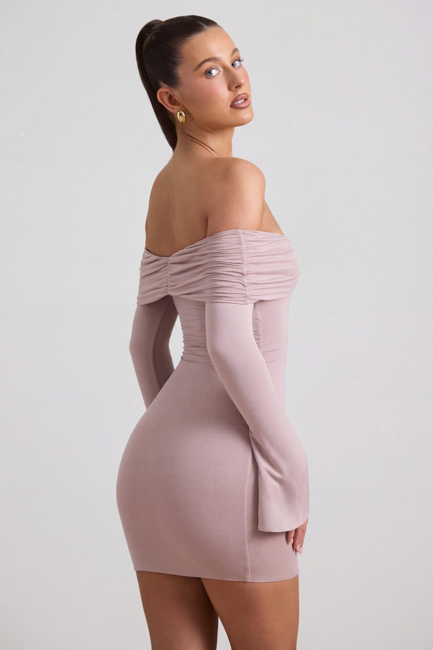 Modal-Cashmere Blend Off-Shoulder Ruched Mini Dress in Taupe