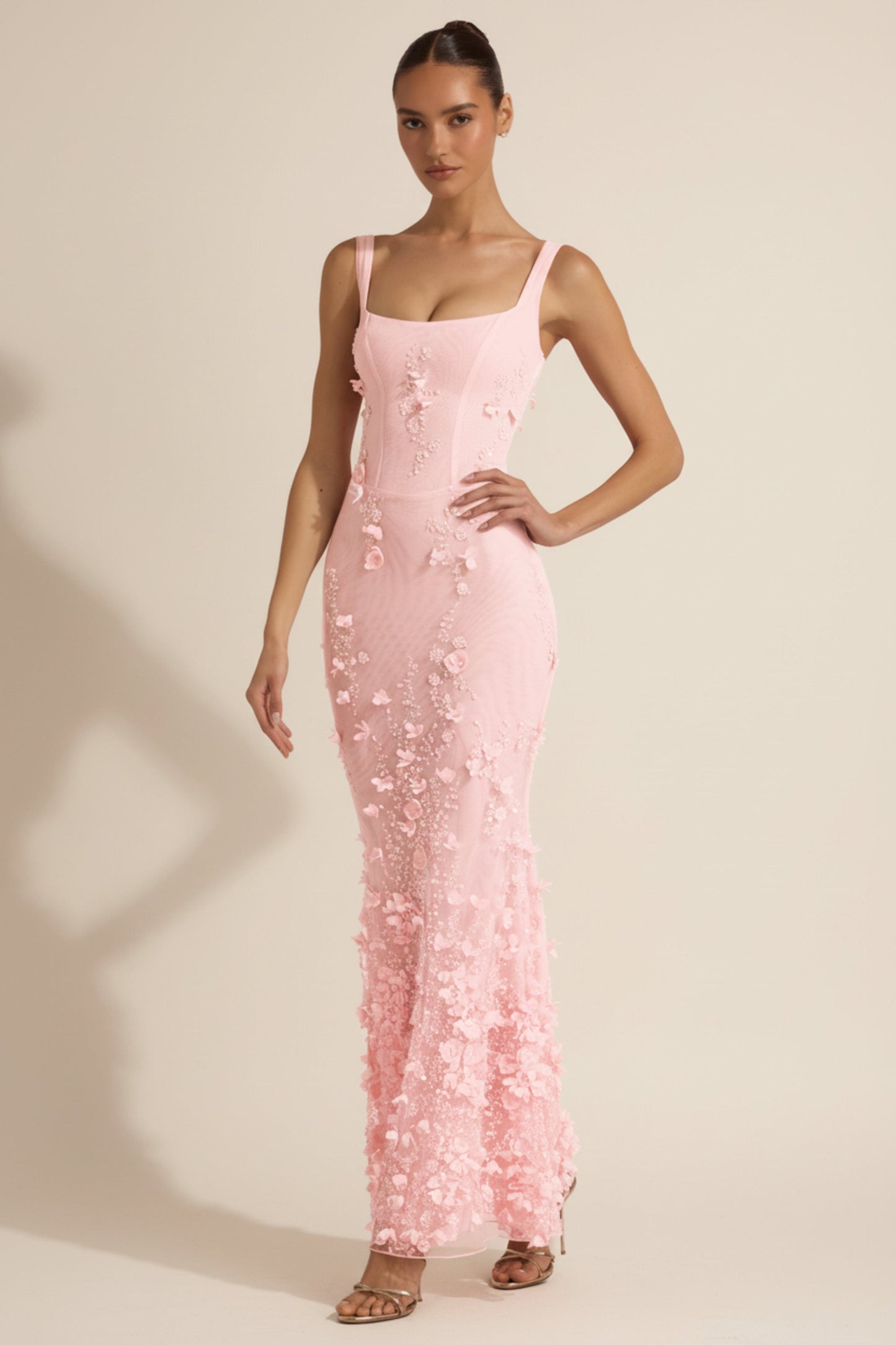 Embellished Appliqué Soft-Scoop Corset Gown in Pink