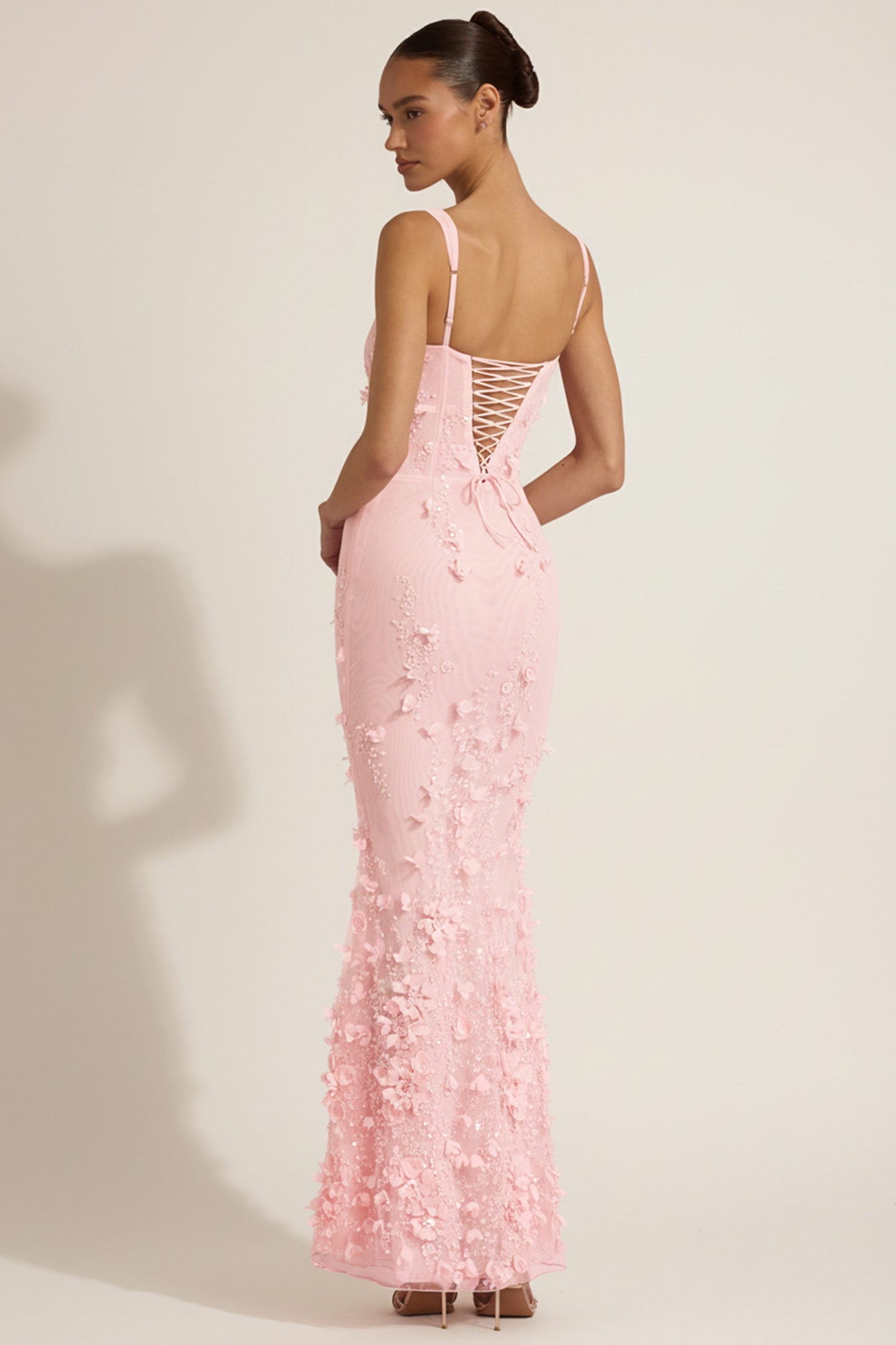 Embellished Appliqué Soft-Scoop Corset Gown in Pink