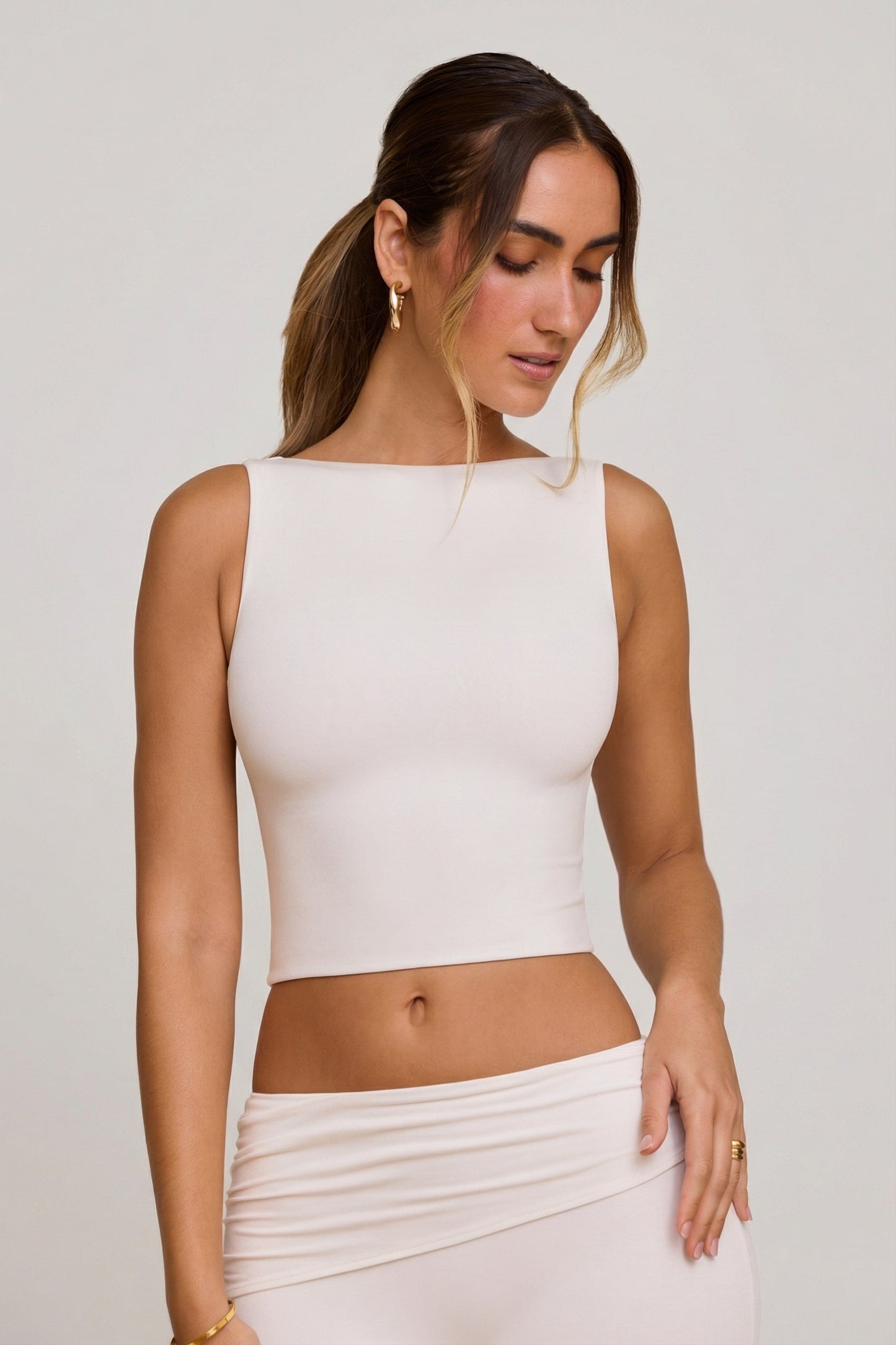 High Neck Open Back Crop Top in White