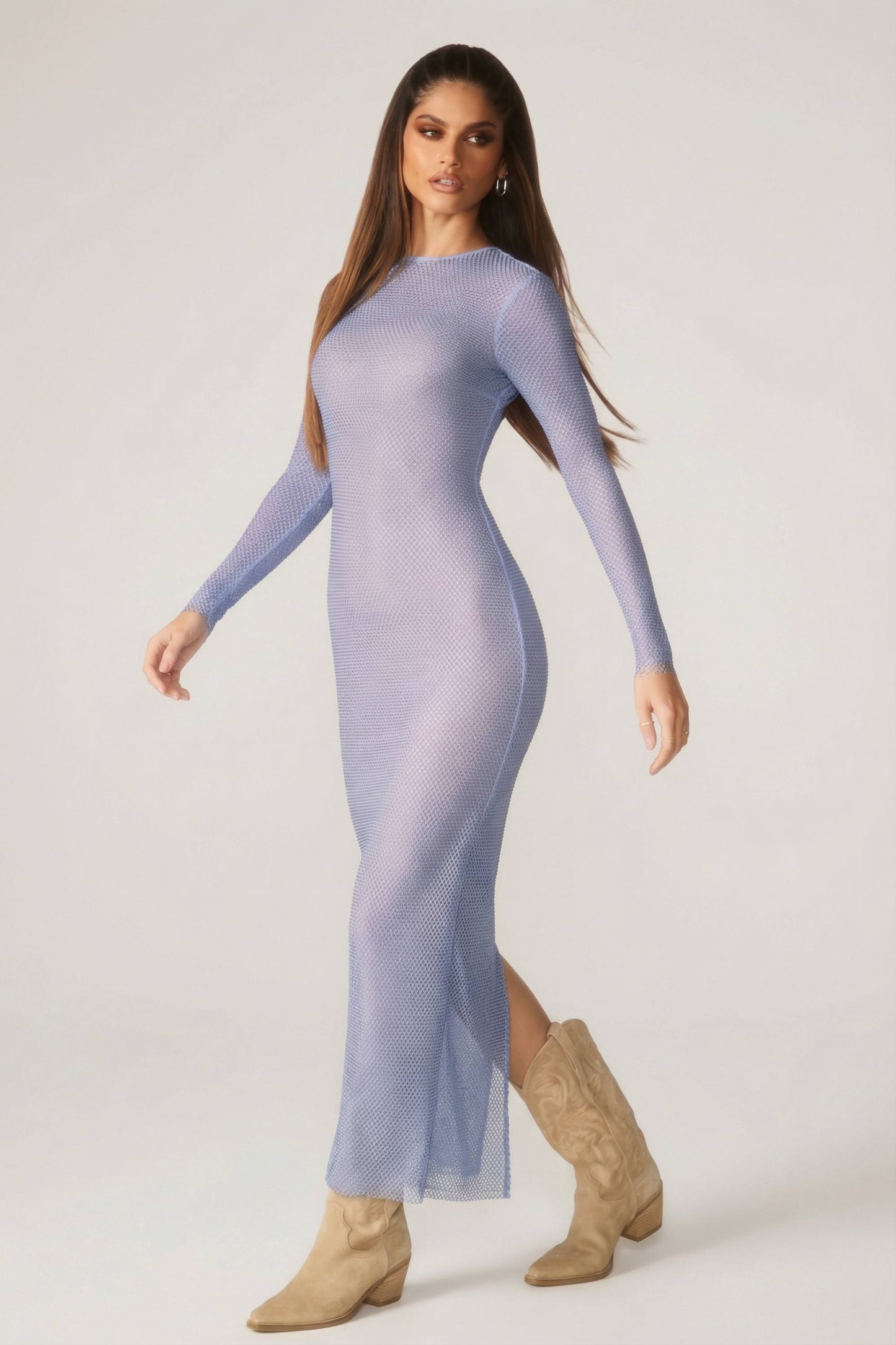 Embellished Long Sleeve Maxi Dress in Blue