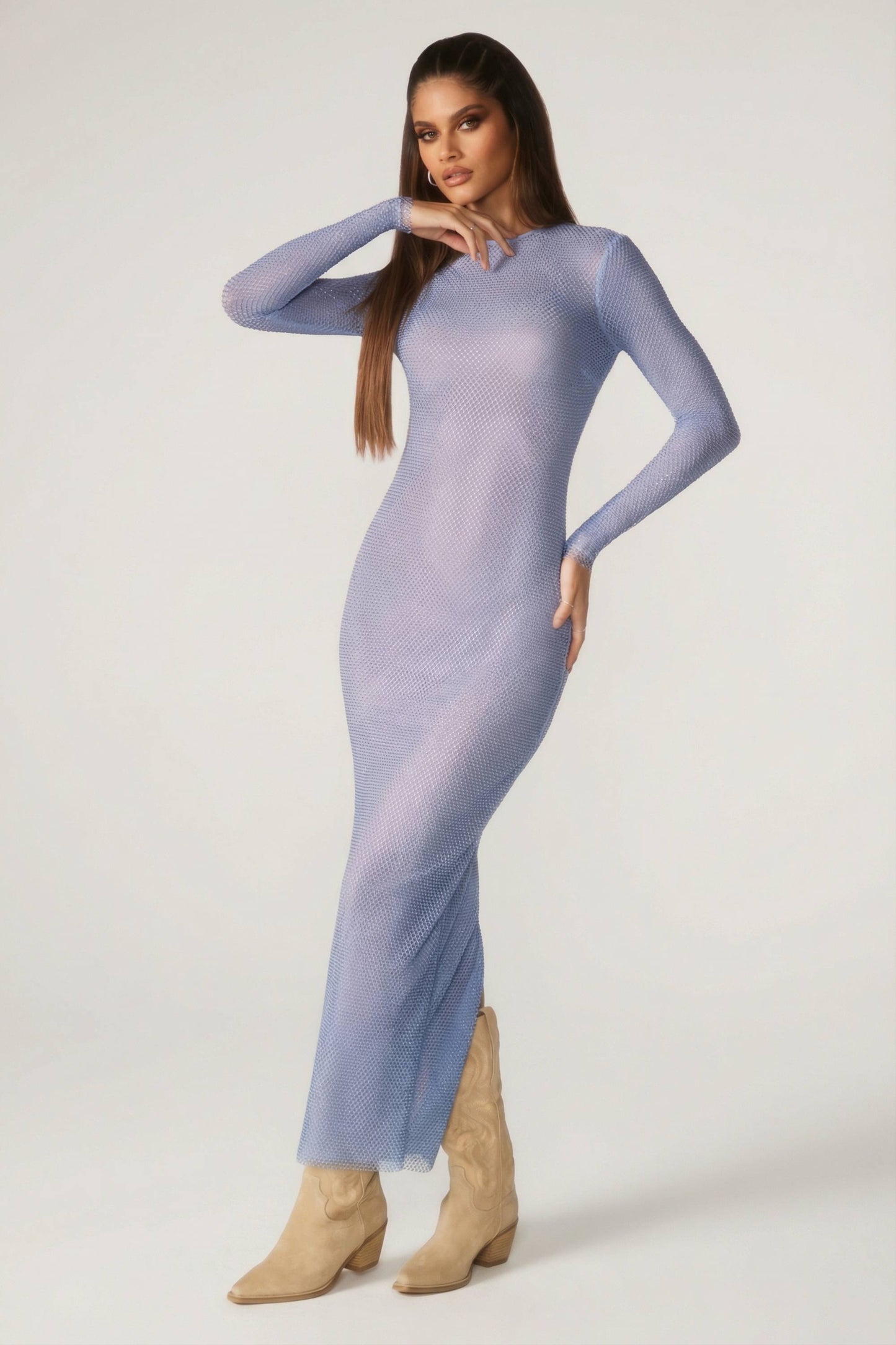 Embellished Long Sleeve Maxi Dress in Blue