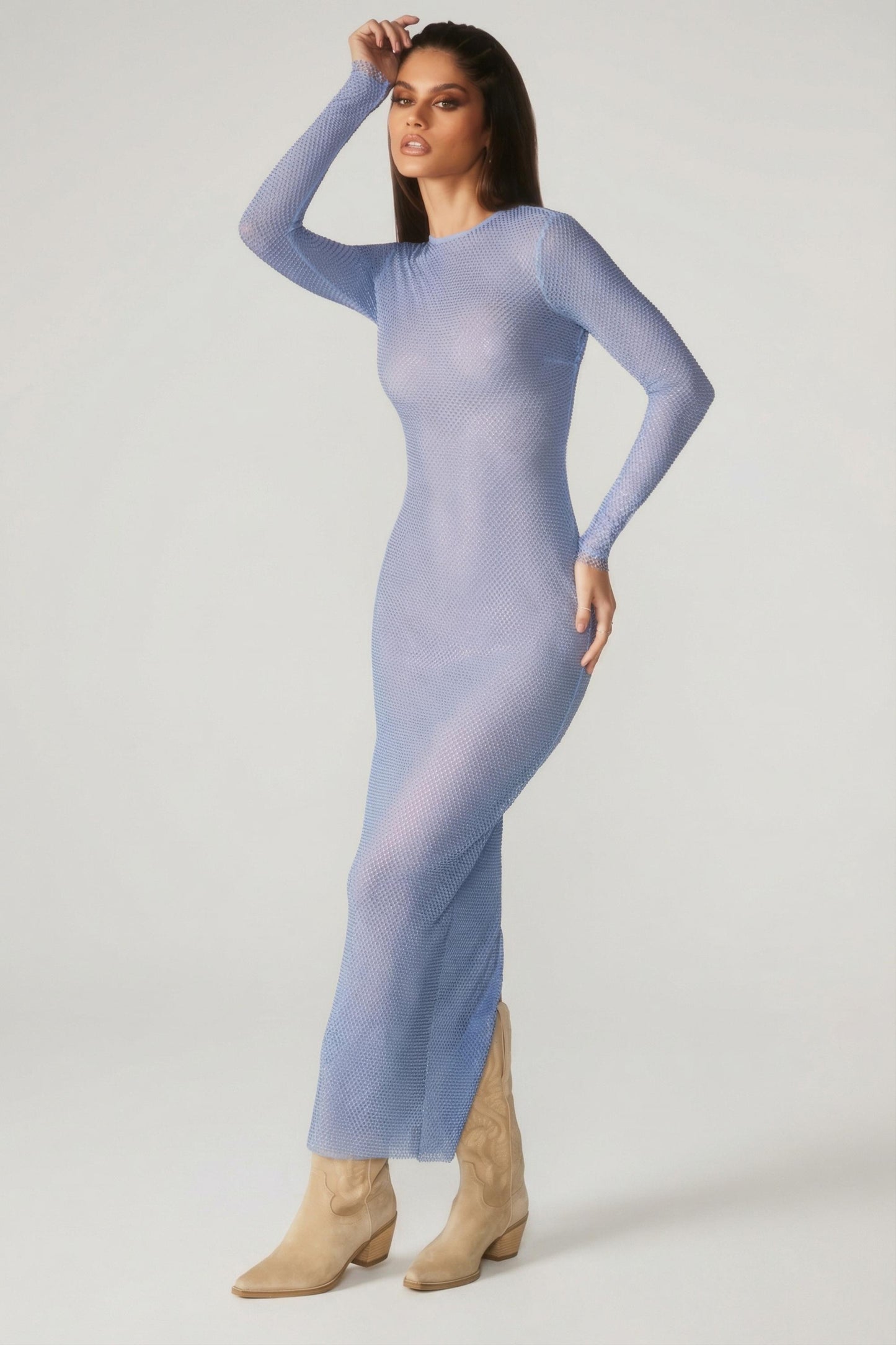 Embellished Long Sleeve Maxi Dress in Blue