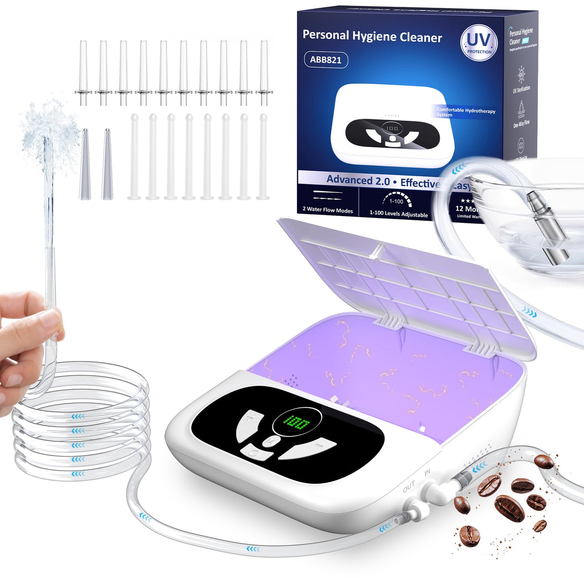 OILSAO Electric Enema Kit, UV-C Storage Box, Dual Nozzles & 2 Spray Modes