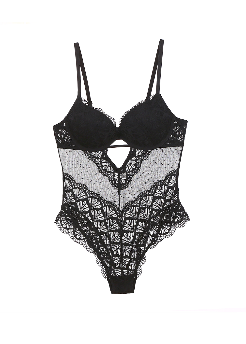 OLIVIA Sexy Push-Up Mesh Black Lace Bodysuit