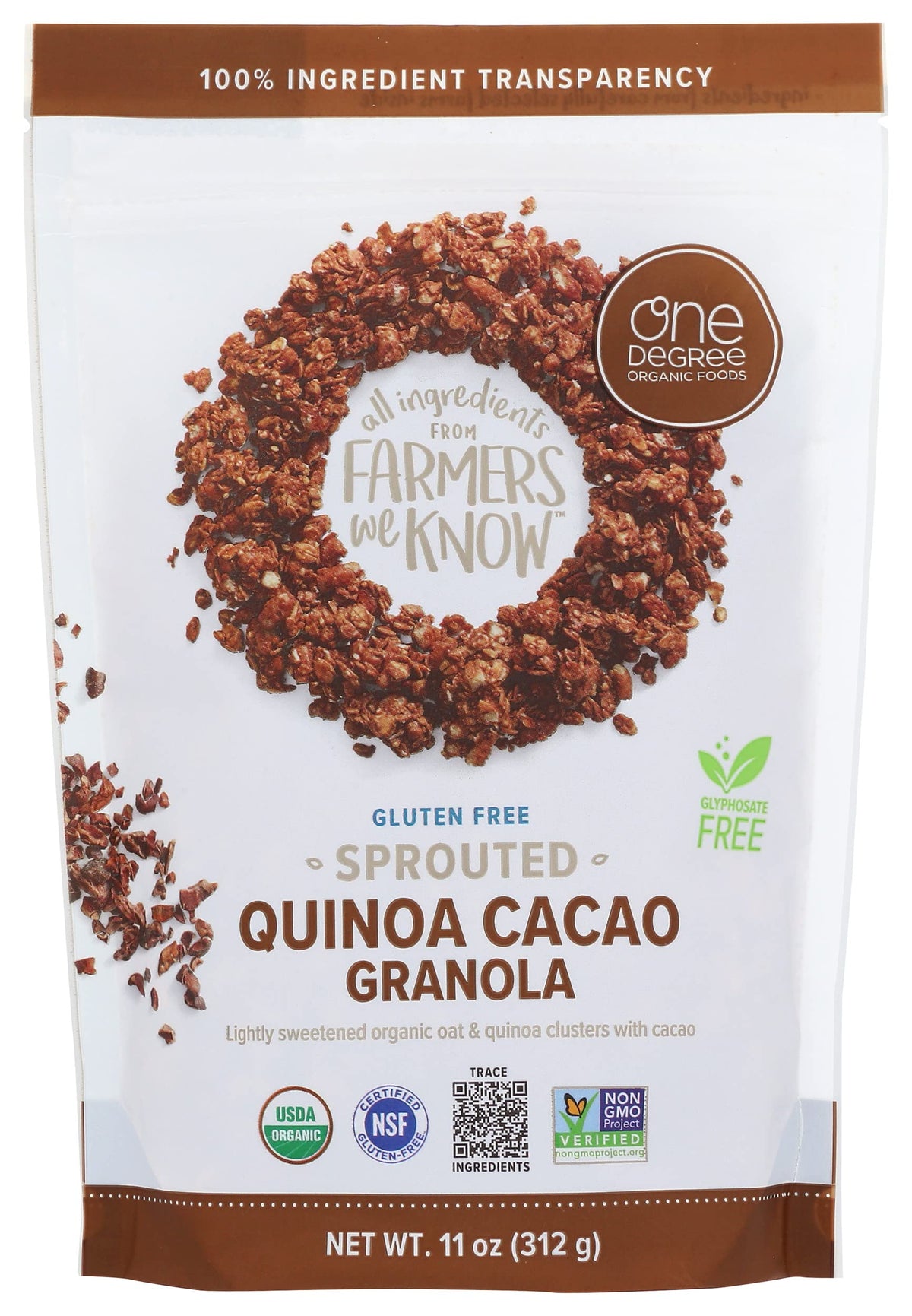 One Degree Organic Cacao Oat Quinoa Granola, 11 oz – 6 ct Case | Sprouted Oats & Bali Cacao