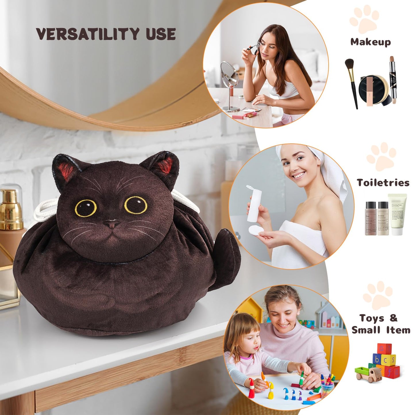 Openhahaha Drawstring Makeup Bag, Cat Makeup Bag, Travel Makeup Organizer, Cosmetic Pouch Bag, Cat Gift for Women, Lay Flat Makeup Bag Gifts for Cat Lovers