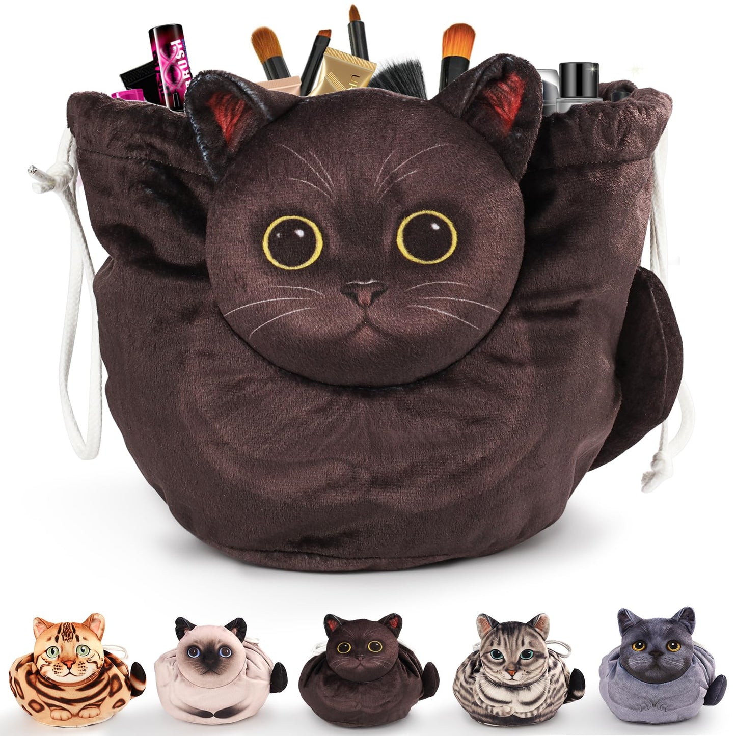 Openhahaha Drawstring Makeup Bag, Cat Makeup Bag, Travel Makeup Organizer, Cosmetic Pouch Bag, Cat Gift for Women, Lay Flat Makeup Bag Gifts for Cat Lovers