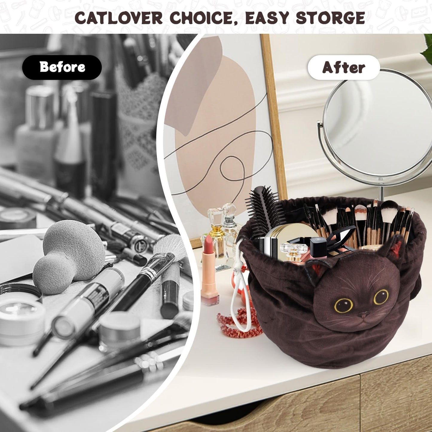 Openhahaha Drawstring Makeup Bag, Cat Makeup Bag, Travel Makeup Organizer, Cosmetic Pouch Bag, Cat Gift for Women, Lay Flat Makeup Bag Gifts for Cat Lovers