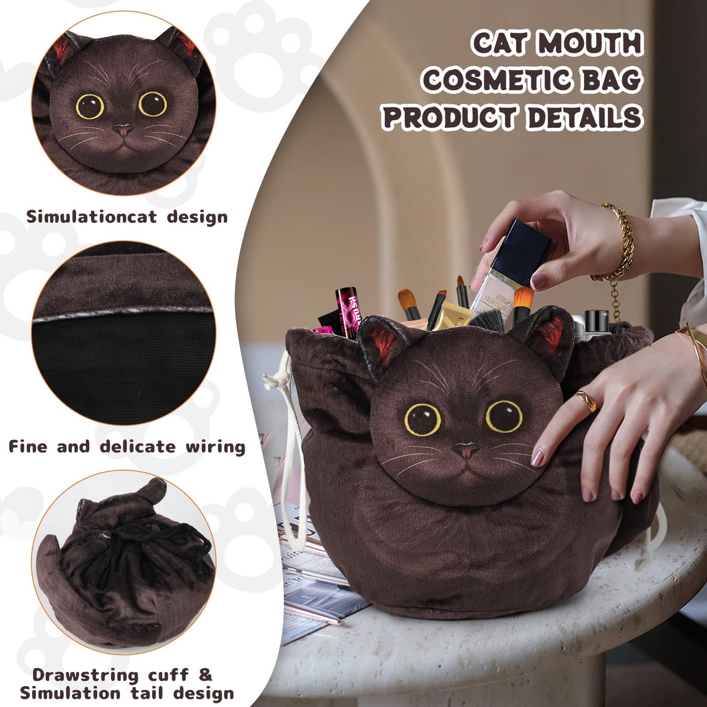 Openhahaha Drawstring Makeup Bag, Cat Makeup Bag, Travel Makeup Organizer, Cosmetic Pouch Bag, Cat Gift for Women, Lay Flat Makeup Bag Gifts for Cat Lovers